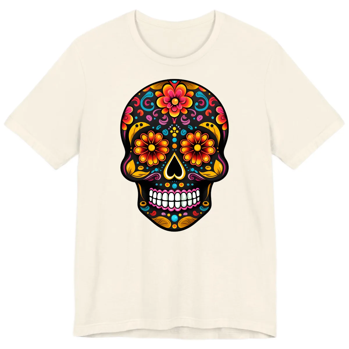 Vibrant Floral Calavera Sugar Skull Premium T-Shirt in Natural