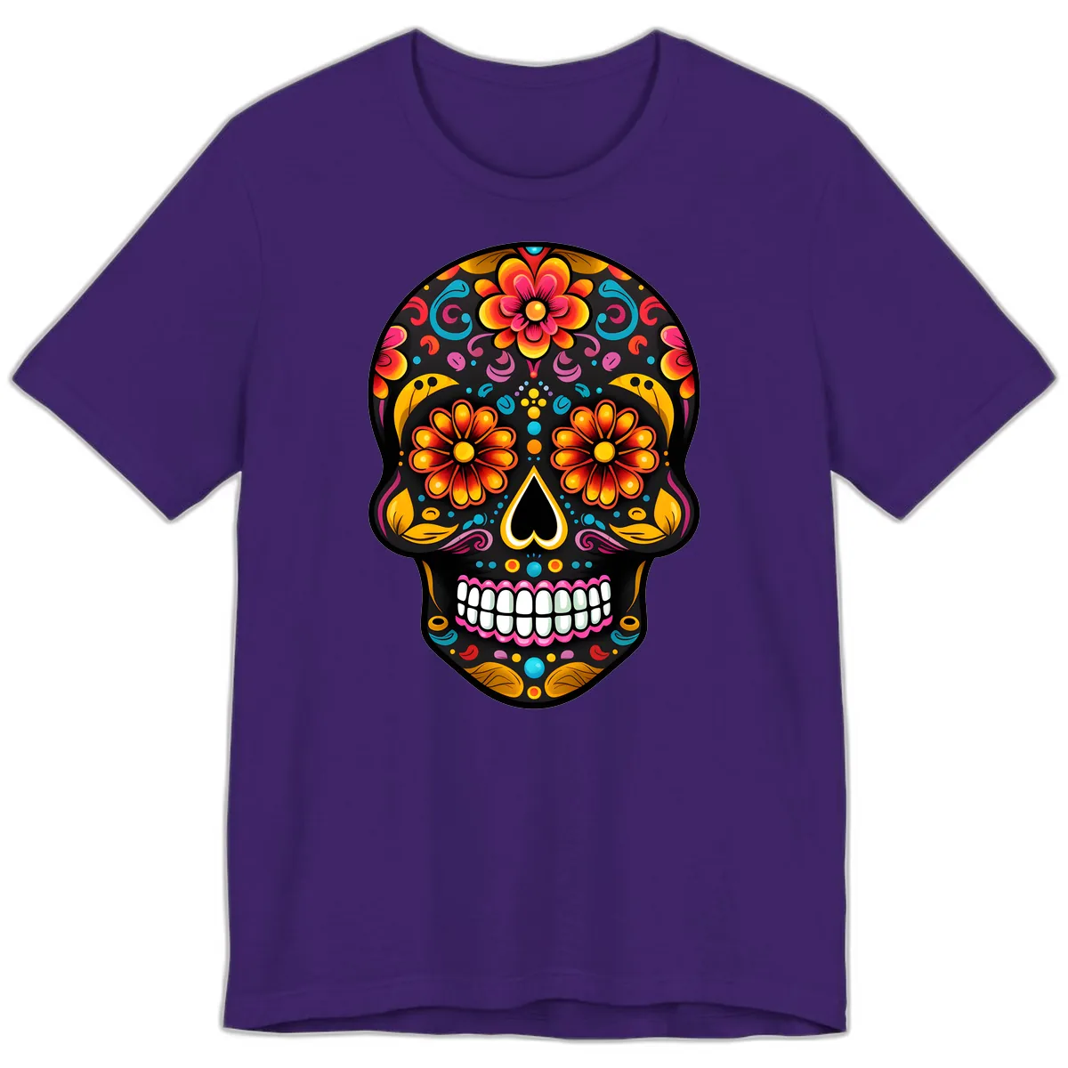 Vibrant Floral Calavera Sugar Skull Premium T-Shirt in Team Purple