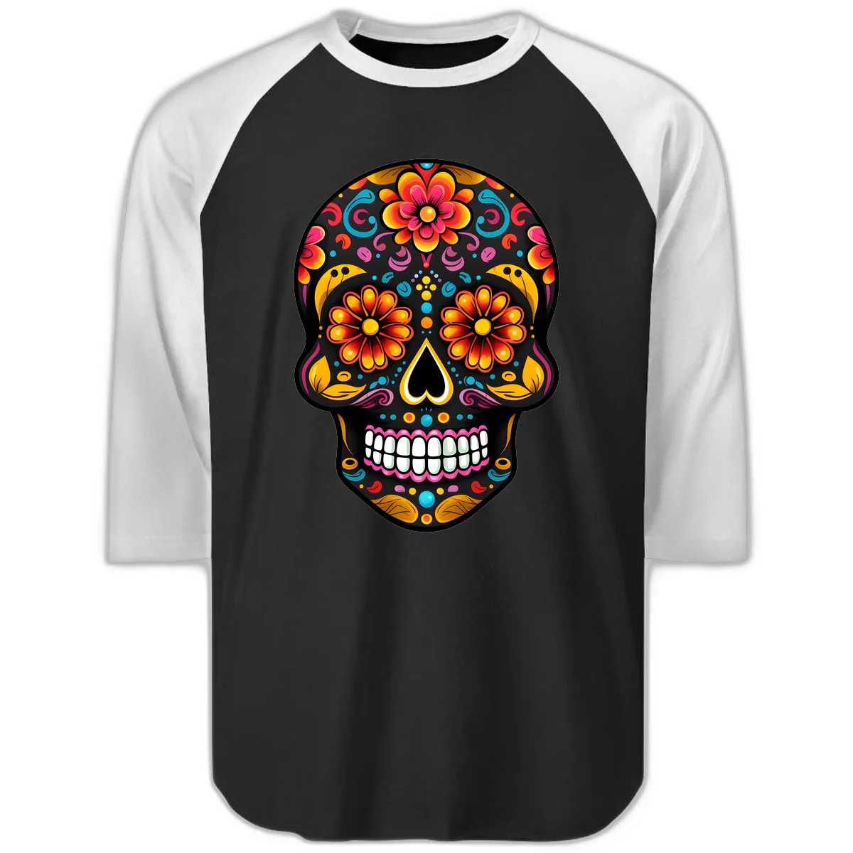Vibrant Floral Calavera Sugar Skull Raglan 3/4 in Black White