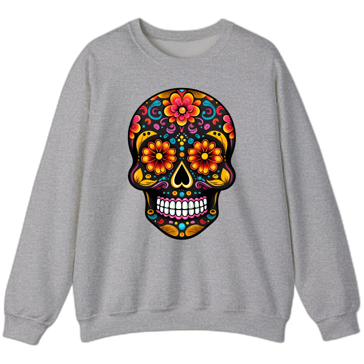 Vibrant Floral Calavera Sugar Skull Sweatshirt in Sport Grey