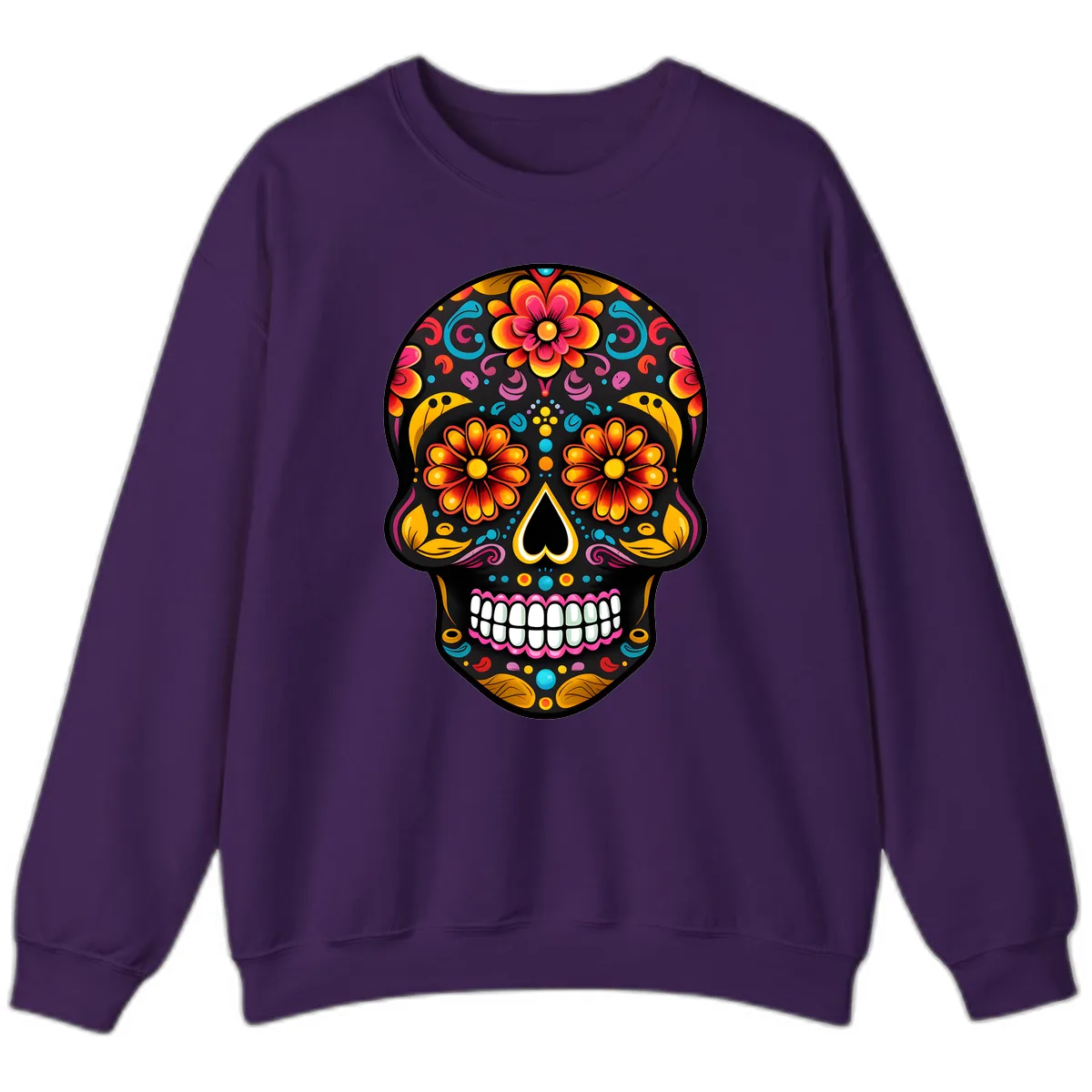 Vibrant Floral Calavera Sugar Skull Sweatshirt in Purple