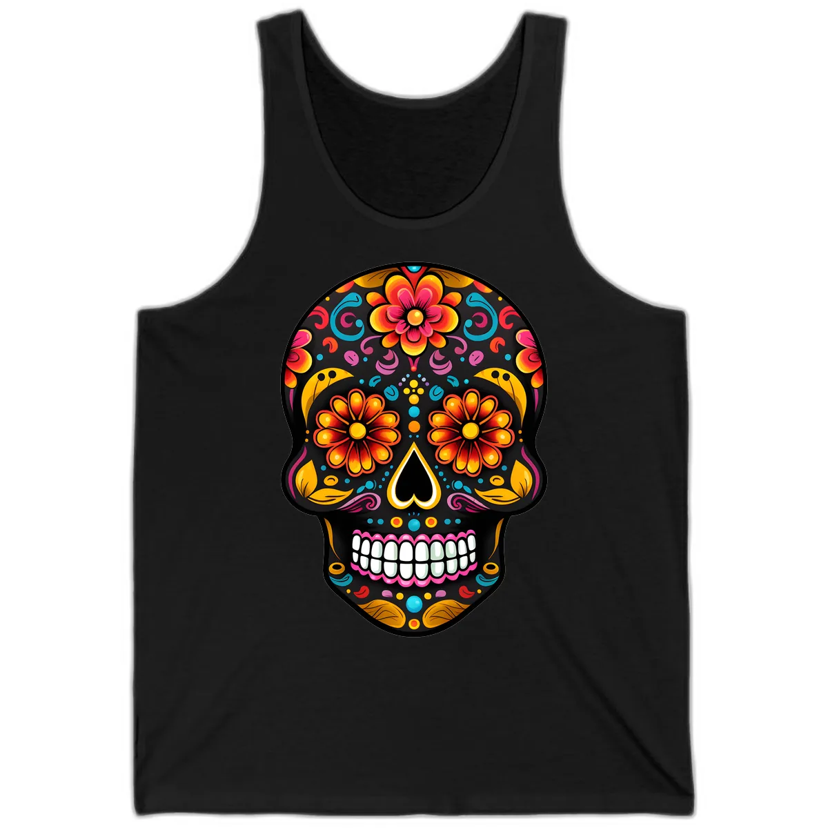 Vibrant Floral Calavera Sugar Skull Tank in Black