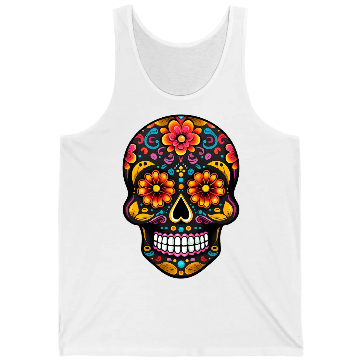 Vibrant Floral Calavera Sugar Skull Tank in White
