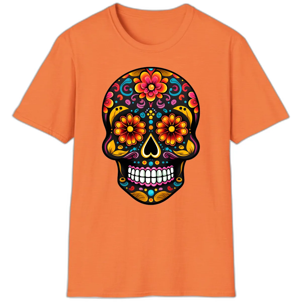 Vibrant Floral Calavera Sugar Skull T-Shirt in Heather Orange