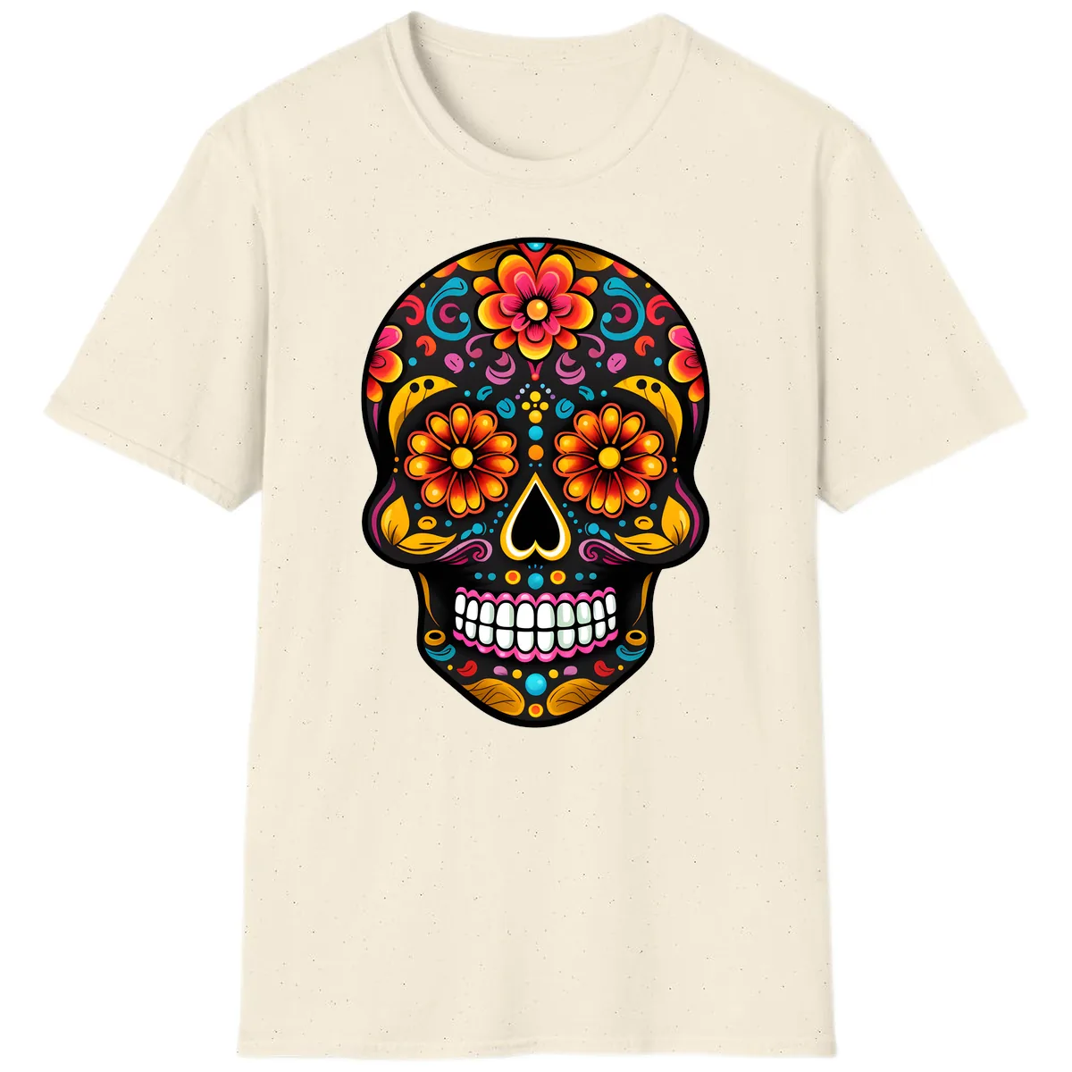 Vibrant Floral Calavera Sugar Skull T-Shirt in Natural