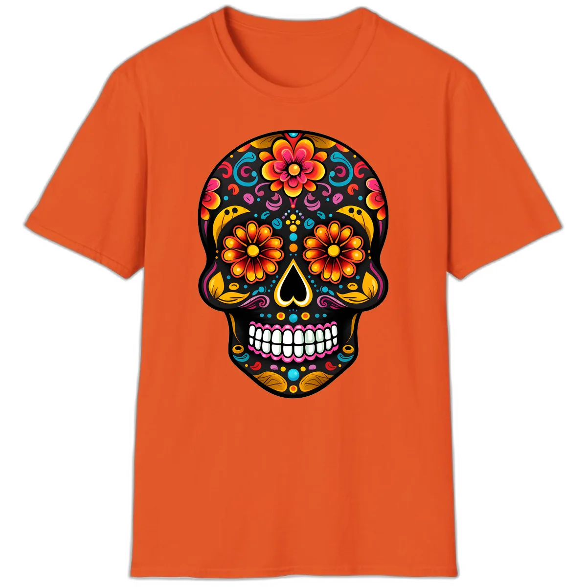Vibrant Floral Calavera Sugar Skull T-Shirt in Orange
