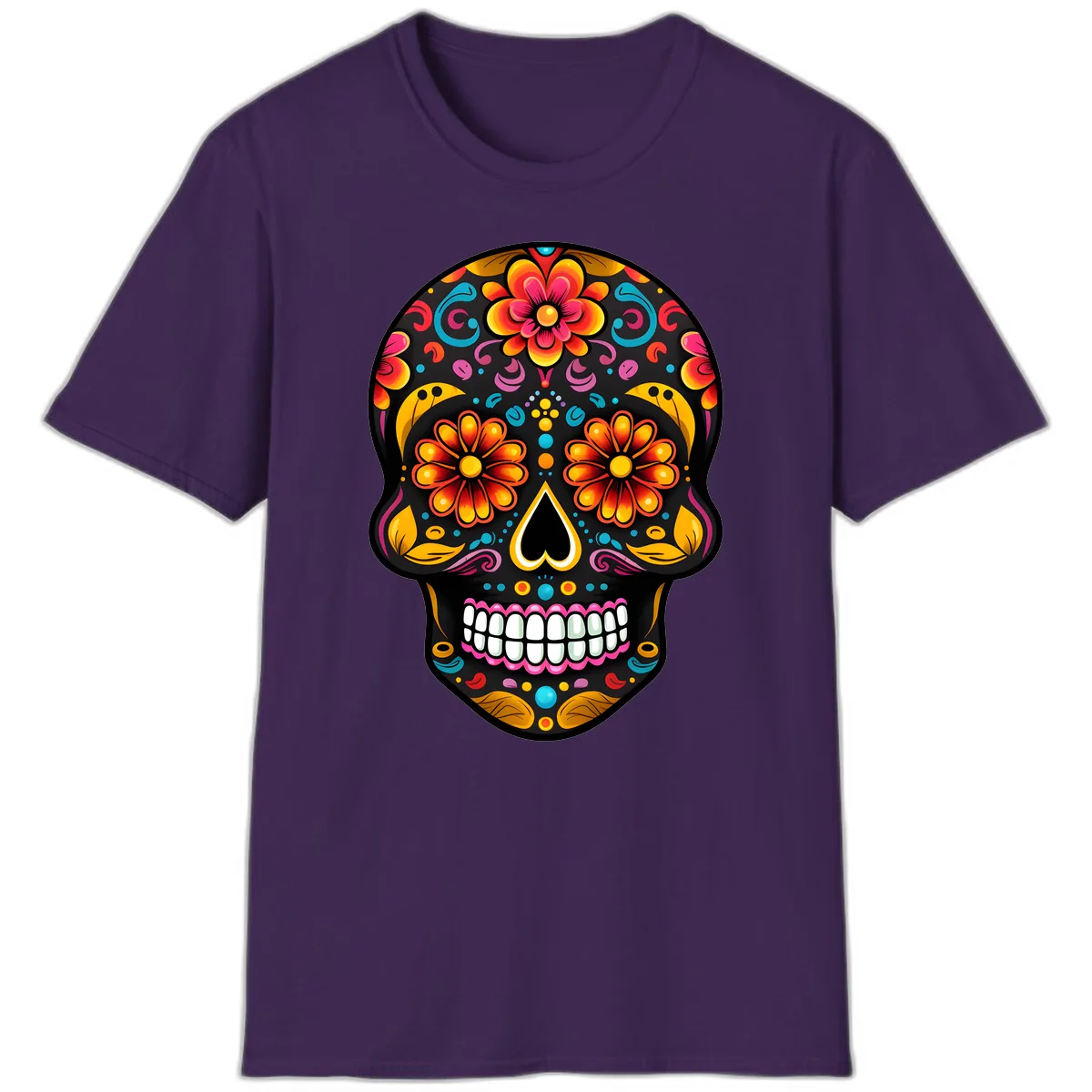 Vibrant Floral Calavera Sugar Skull T-Shirt in Purple