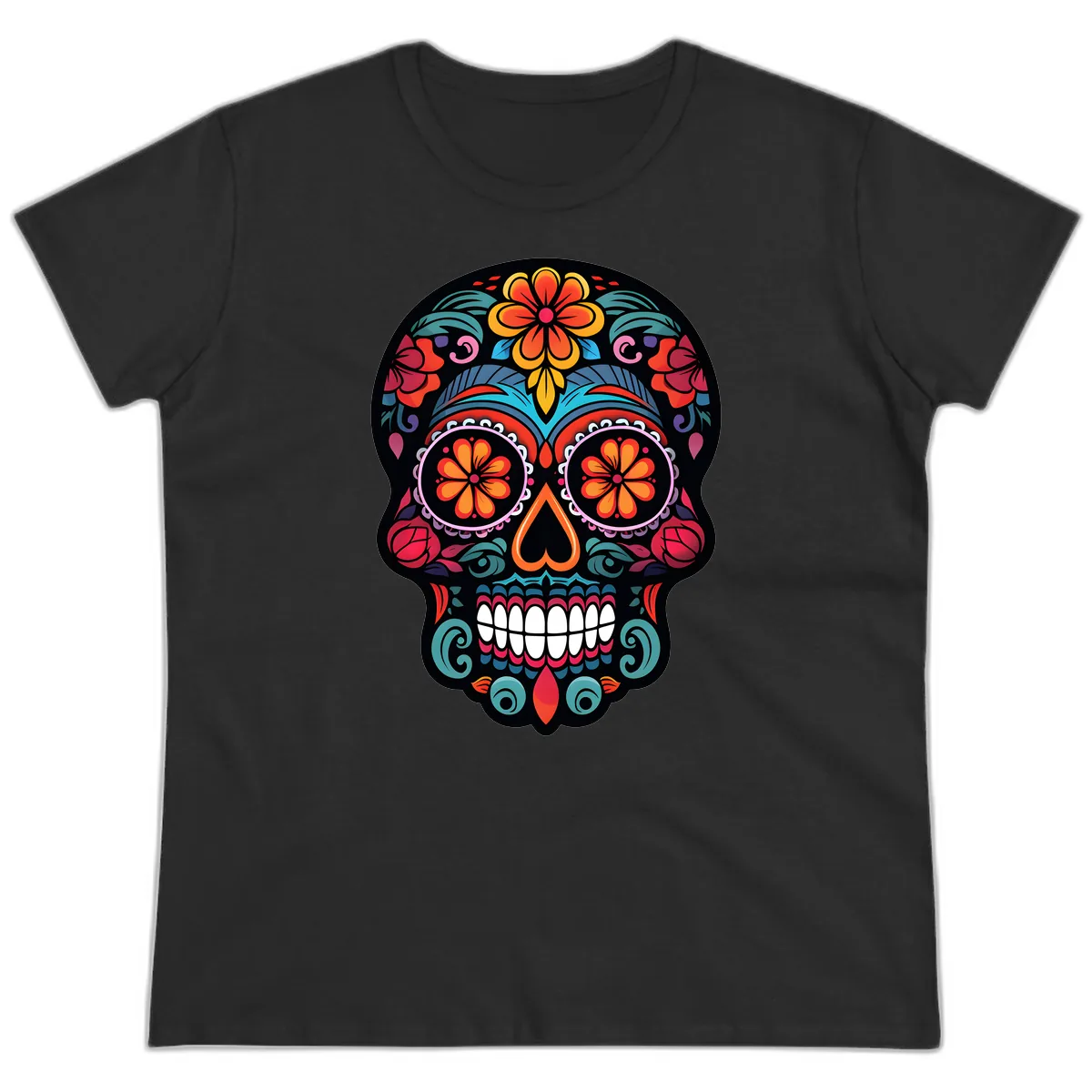 Ornate Día de los Muertos Sugar Skull Ladies Tee in Black