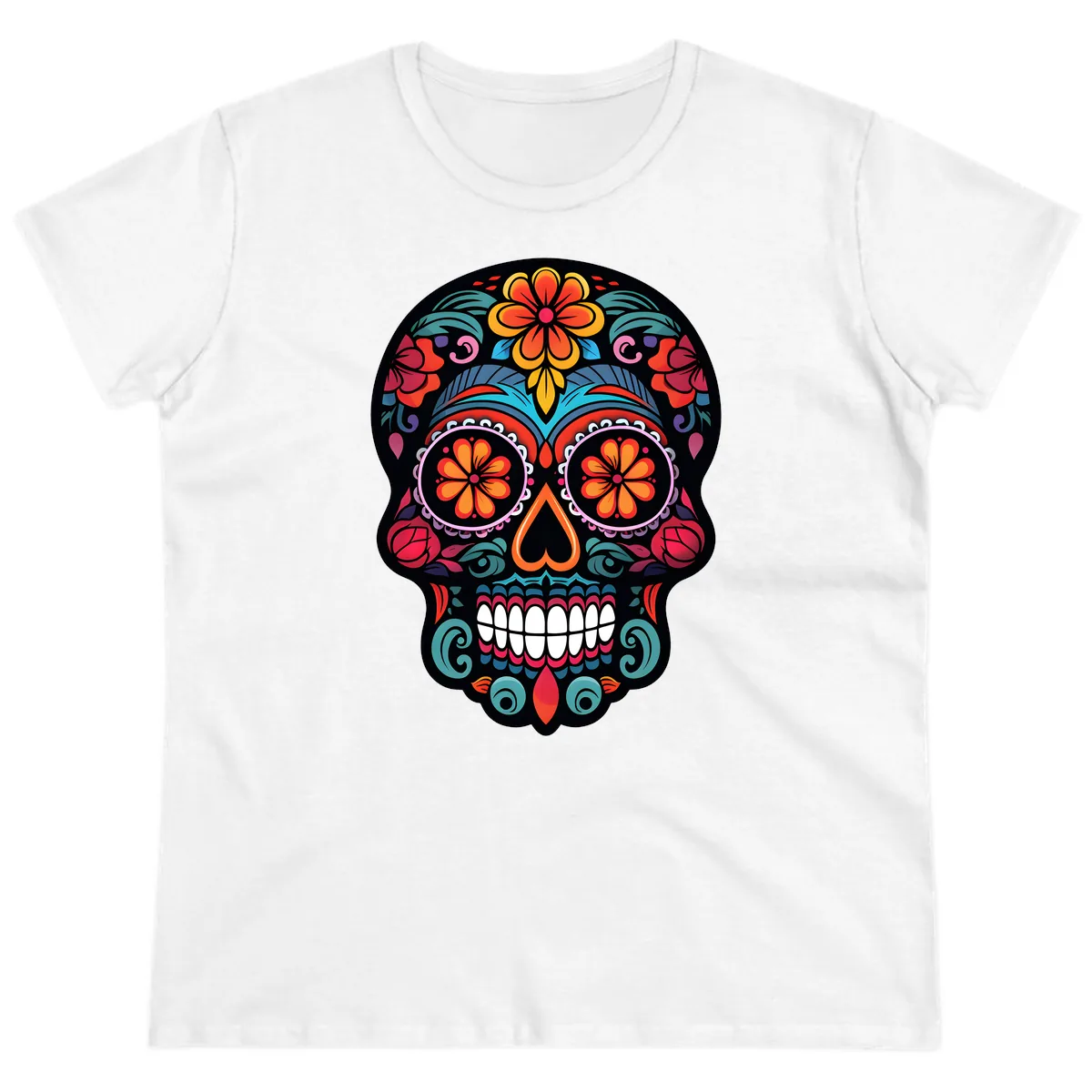 Ornate Día de los Muertos Sugar Skull Ladies Tee in White