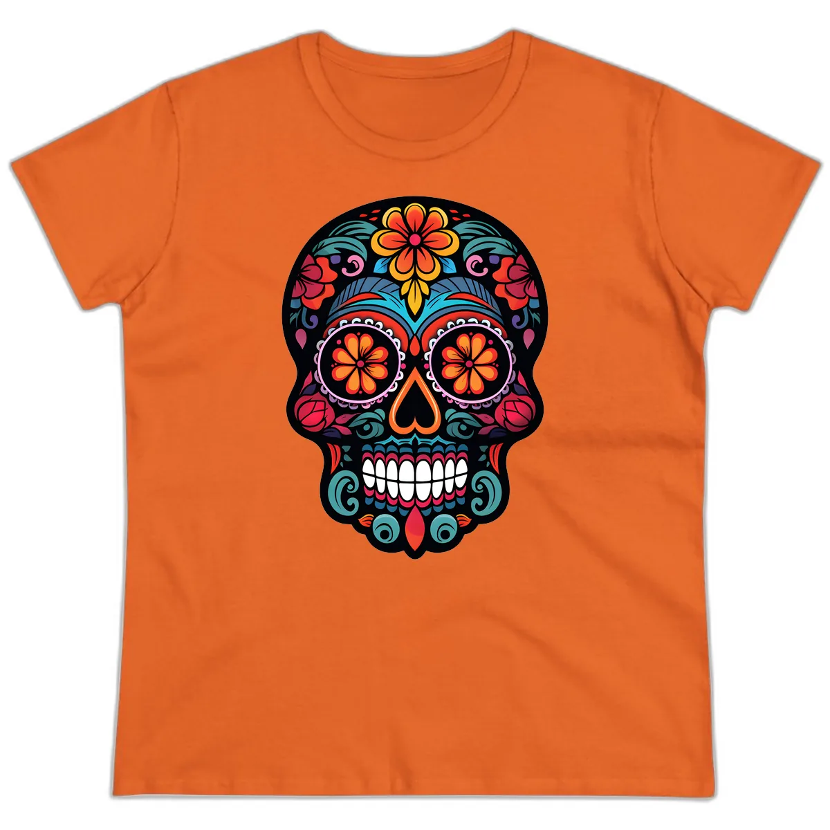 Ornate Día de los Muertos Sugar Skull Ladies Tee in Orange