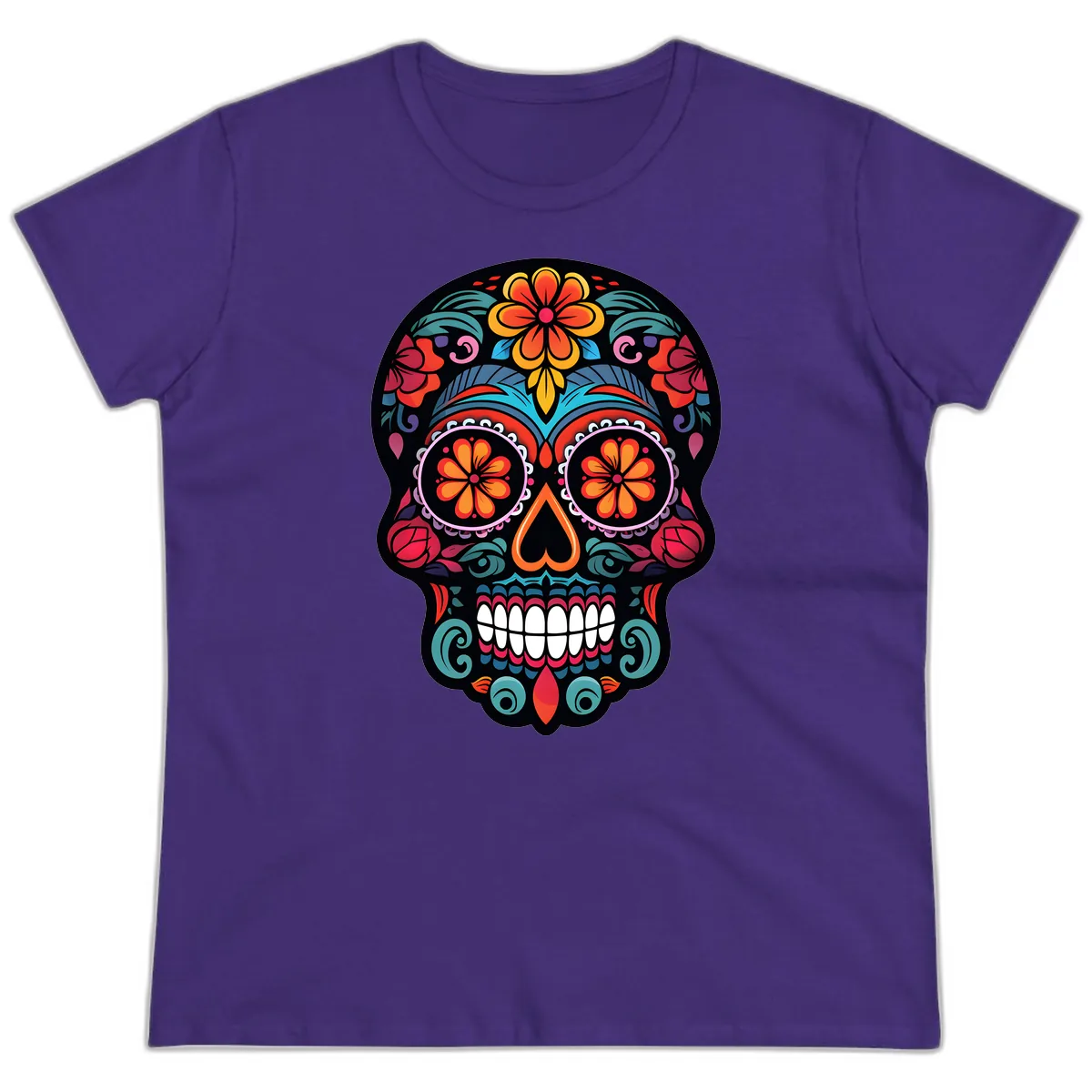 Ornate Día de los Muertos Sugar Skull Ladies Tee in Purple