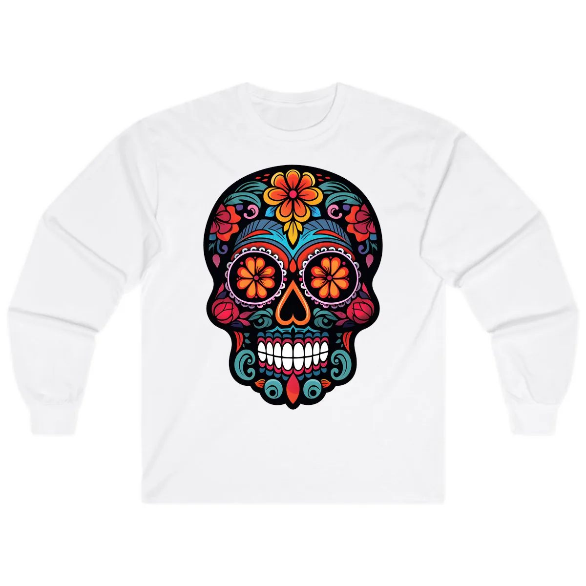 Ornate Día de los Muertos Sugar Skull Long Sleeve in White