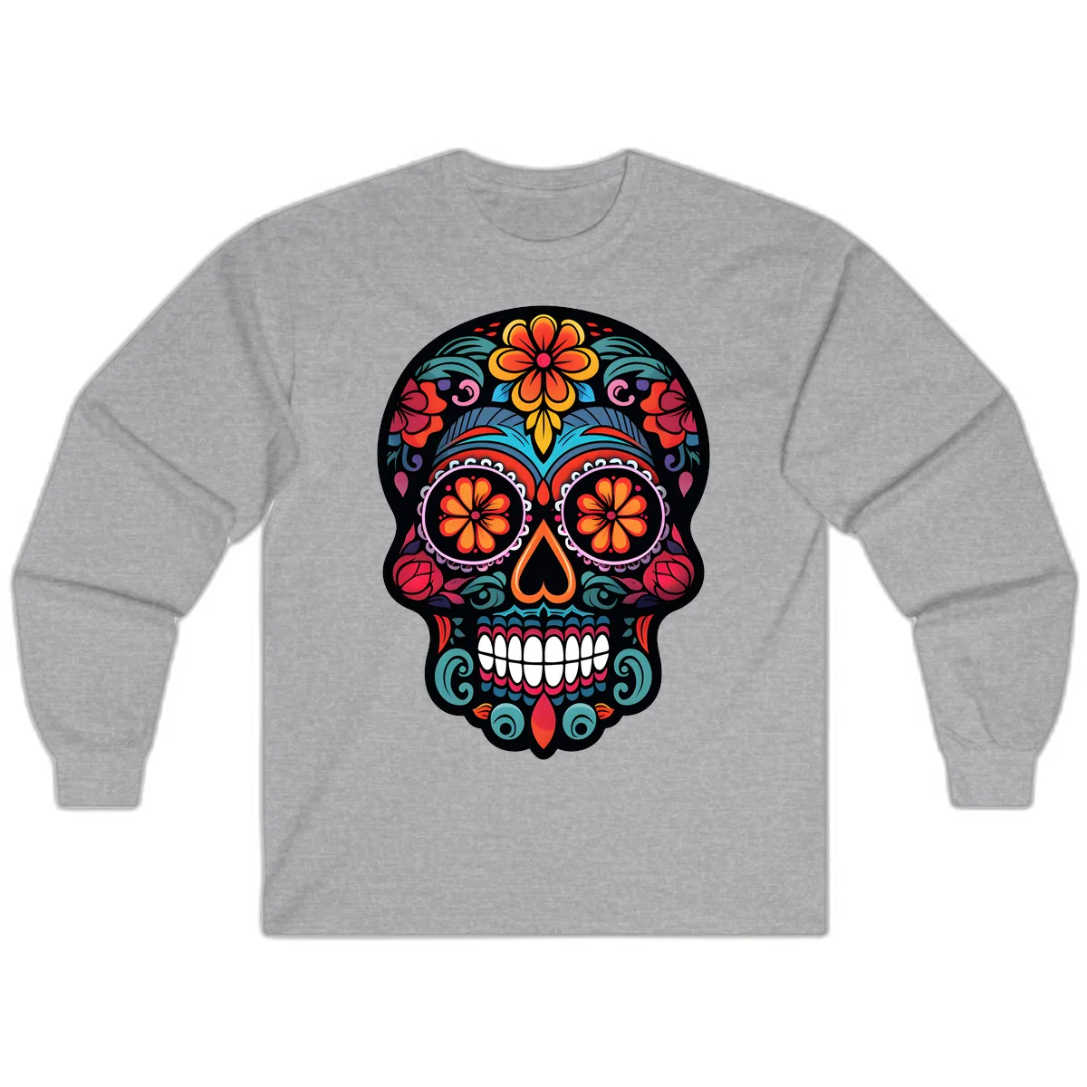 Ornate Día de los Muertos Sugar Skull Long Sleeve in Sport Grey