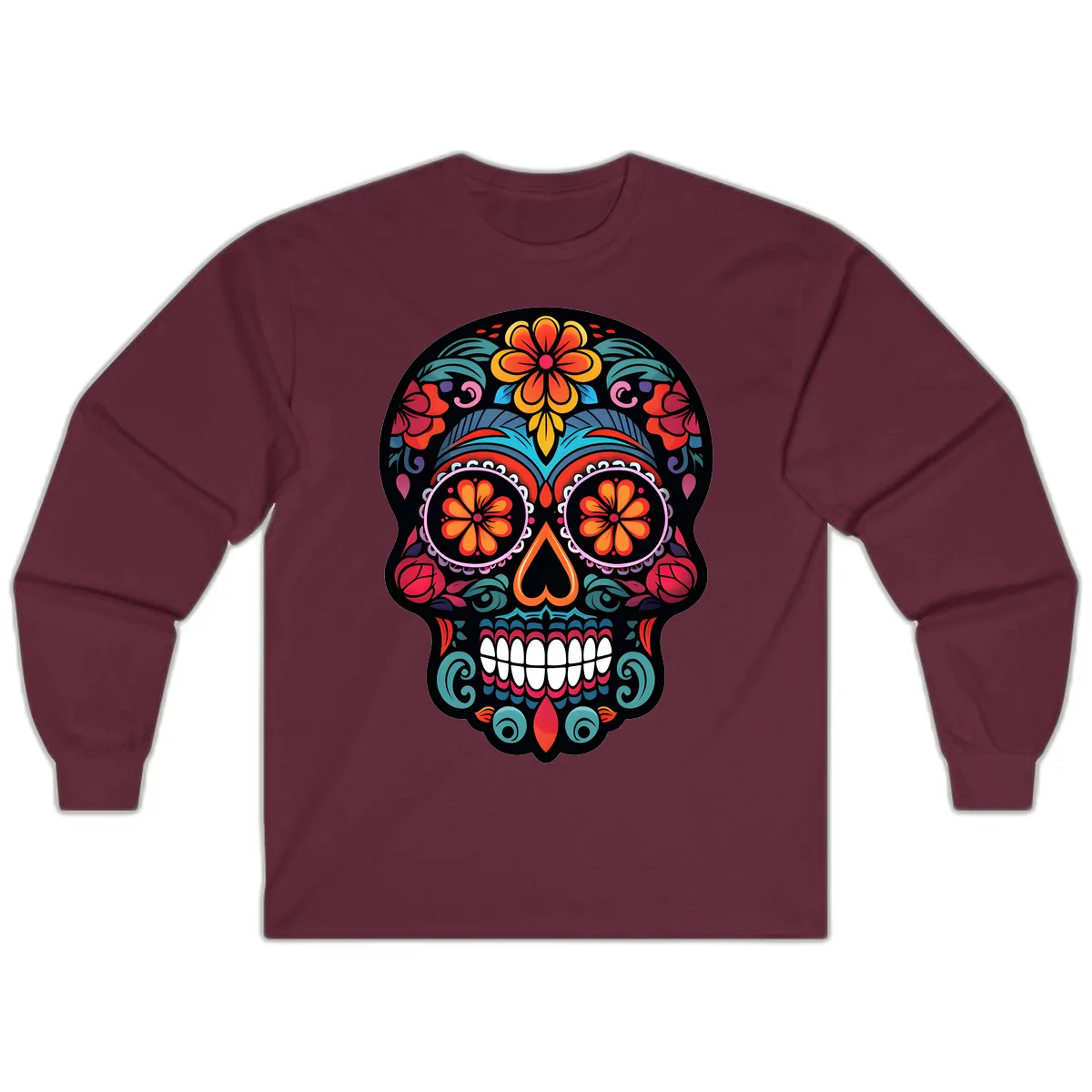 Ornate Día de los Muertos Sugar Skull Long Sleeve in Maroon