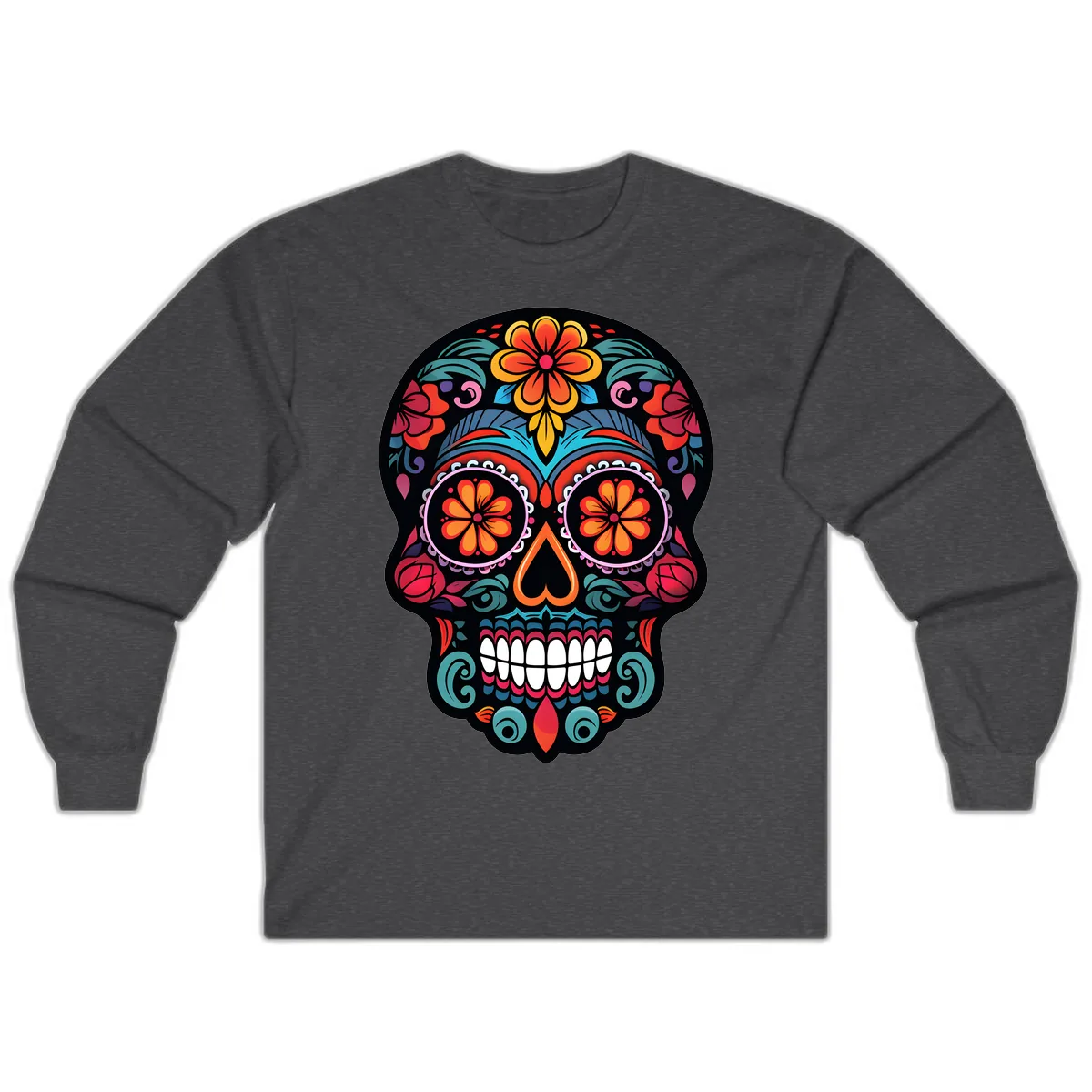 Ornate Día de los Muertos Sugar Skull Long Sleeve in Dark Heather