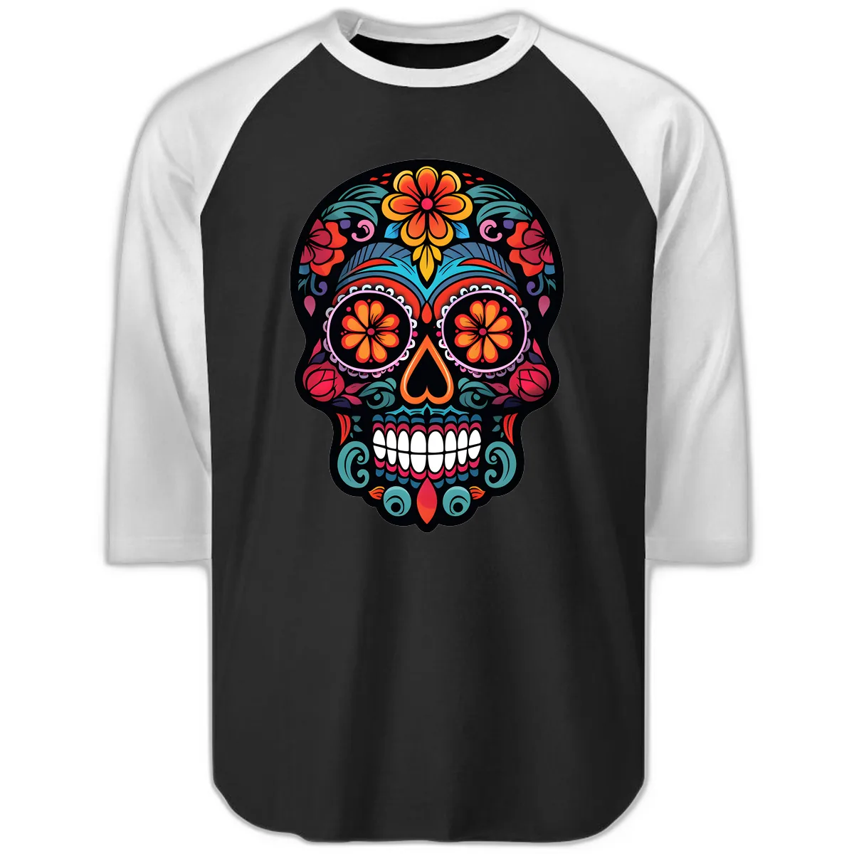 Ornate Día de los Muertos Sugar Skull Raglan 3/4 in Black White