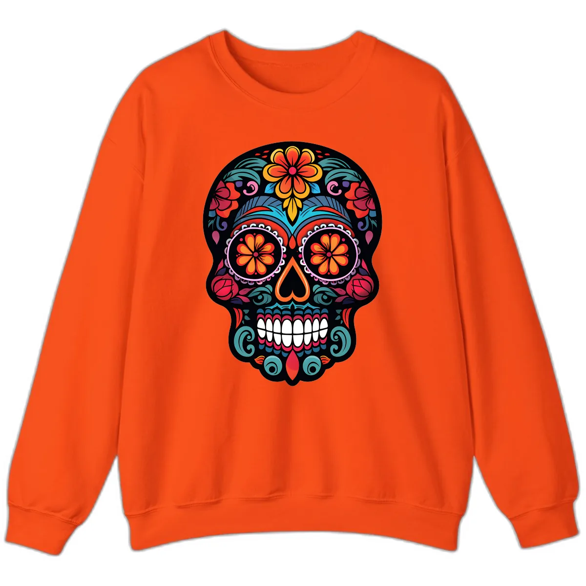 Ornate Día de los Muertos Sugar Skull Sweatshirt in Orange