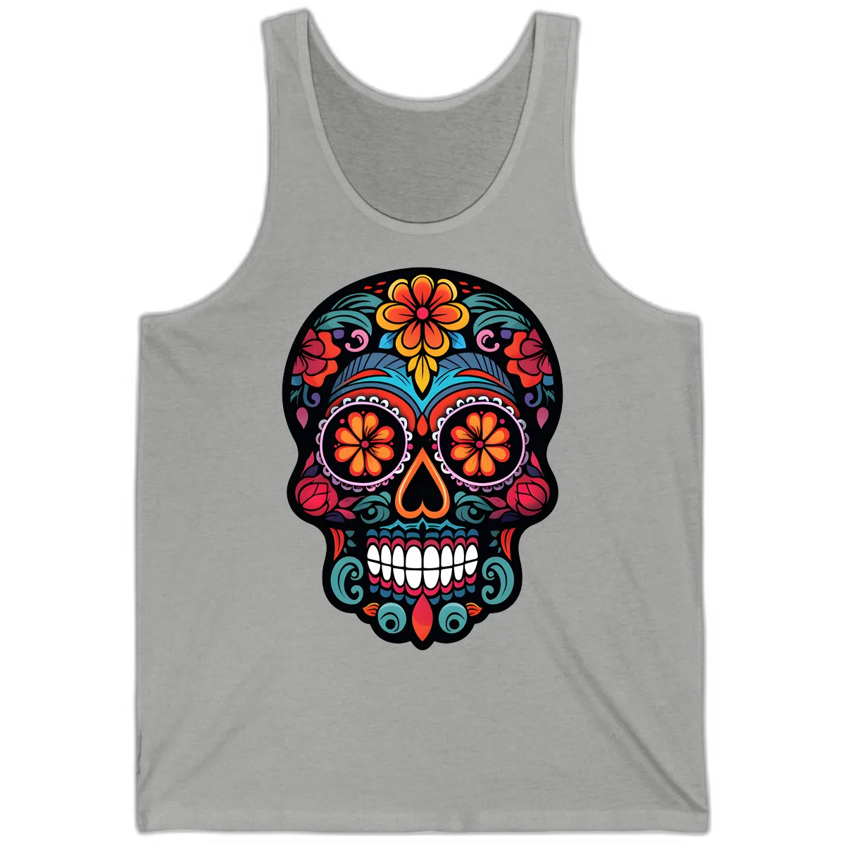 Ornate Día de los Muertos Sugar Skull Tank in Athletic Heather