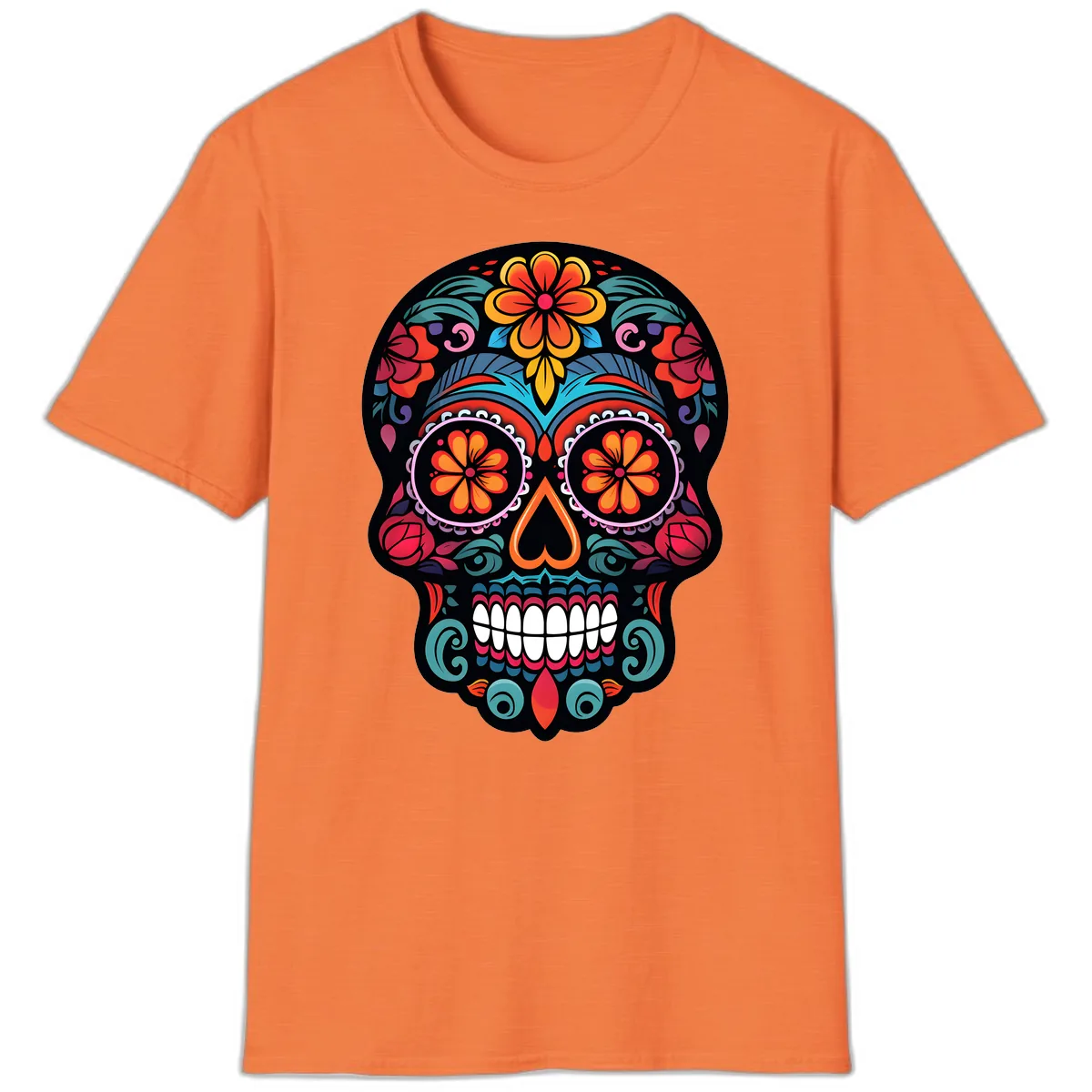 Ornate Día de los Muertos Sugar Skull T-Shirt in Heather Orange