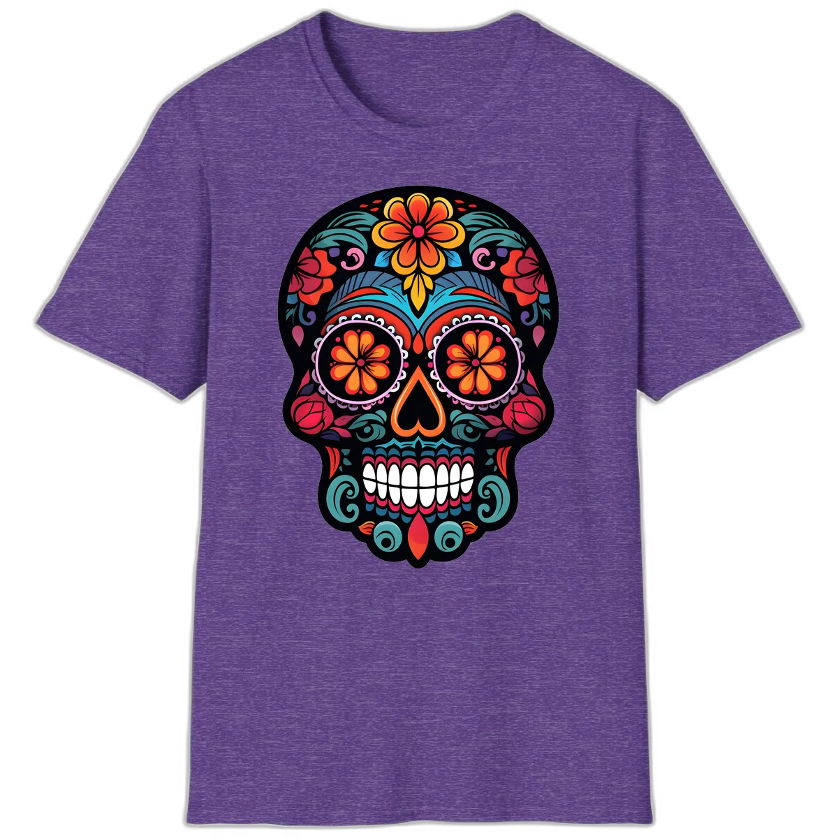 Ornate Día de los Muertos Sugar Skull T-Shirt in Heather Purple