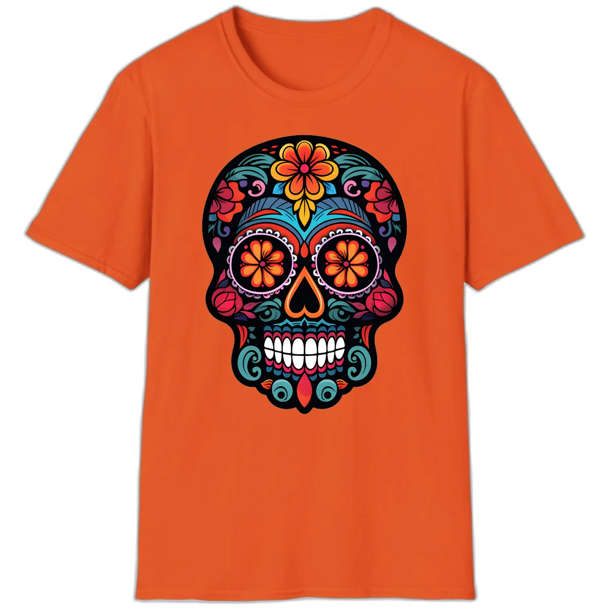 Ornate Día de los Muertos Sugar Skull T-Shirt in Orange