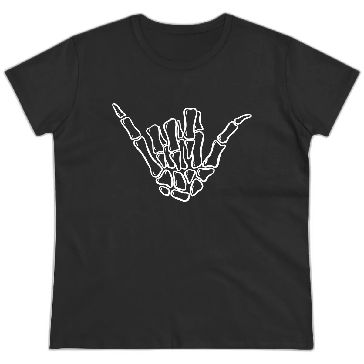 Skeleton Hang Loose Hand Gesture Ladies Tee in Black