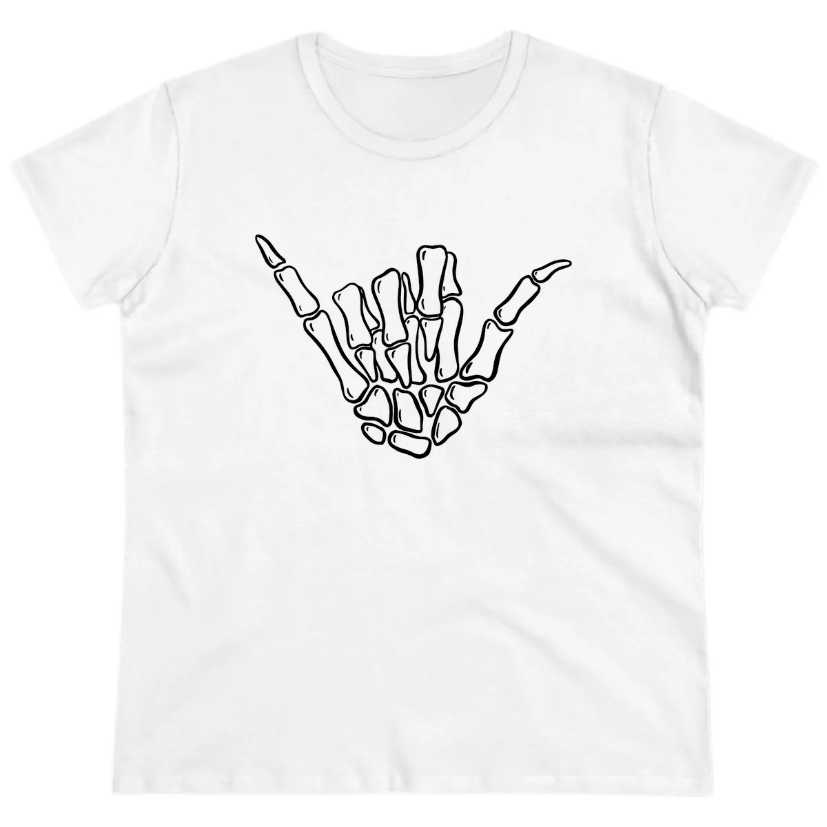 Skeleton Hang Loose Hand Gesture Ladies Tee in White