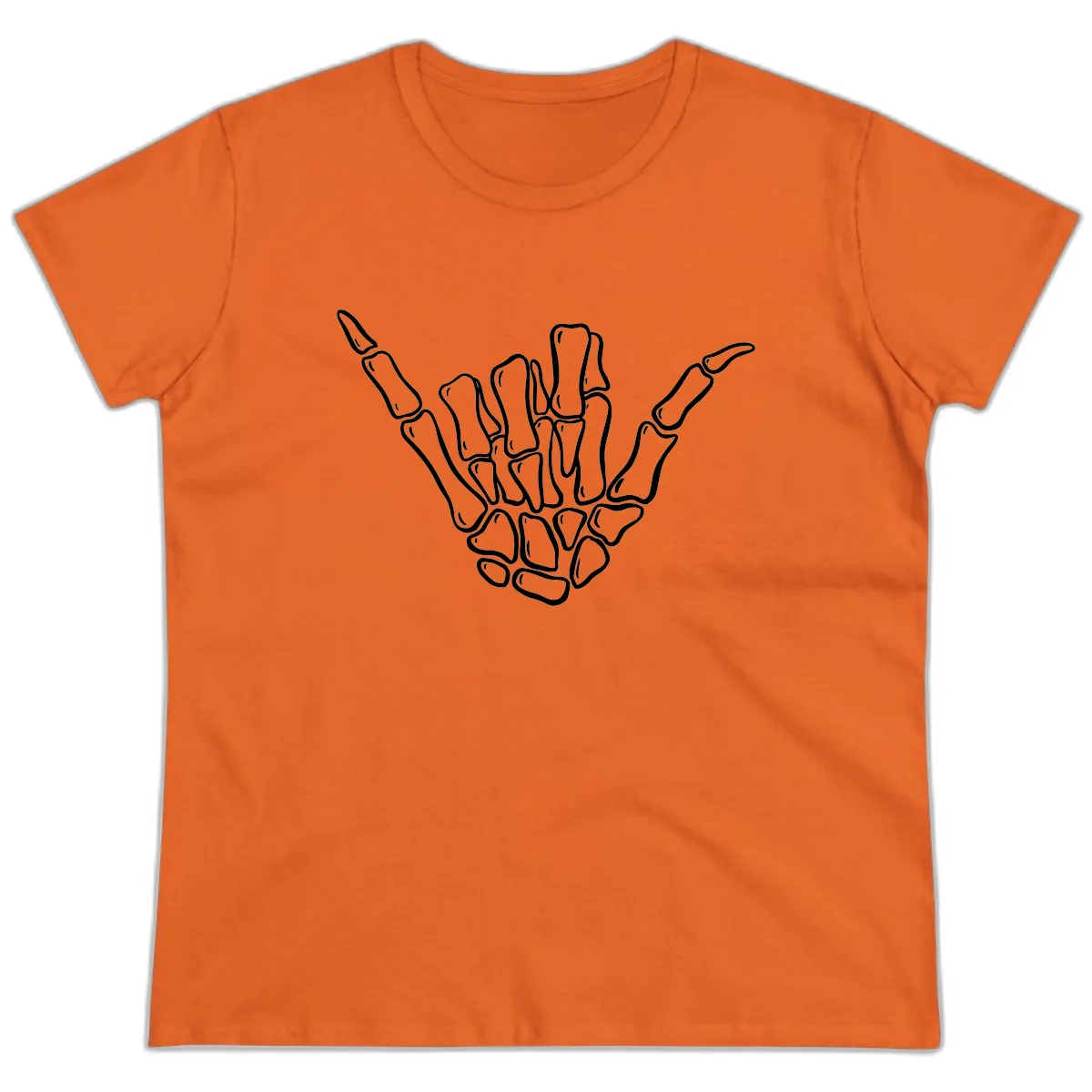 Skeleton Hang Loose Hand Gesture Ladies Tee in Orange