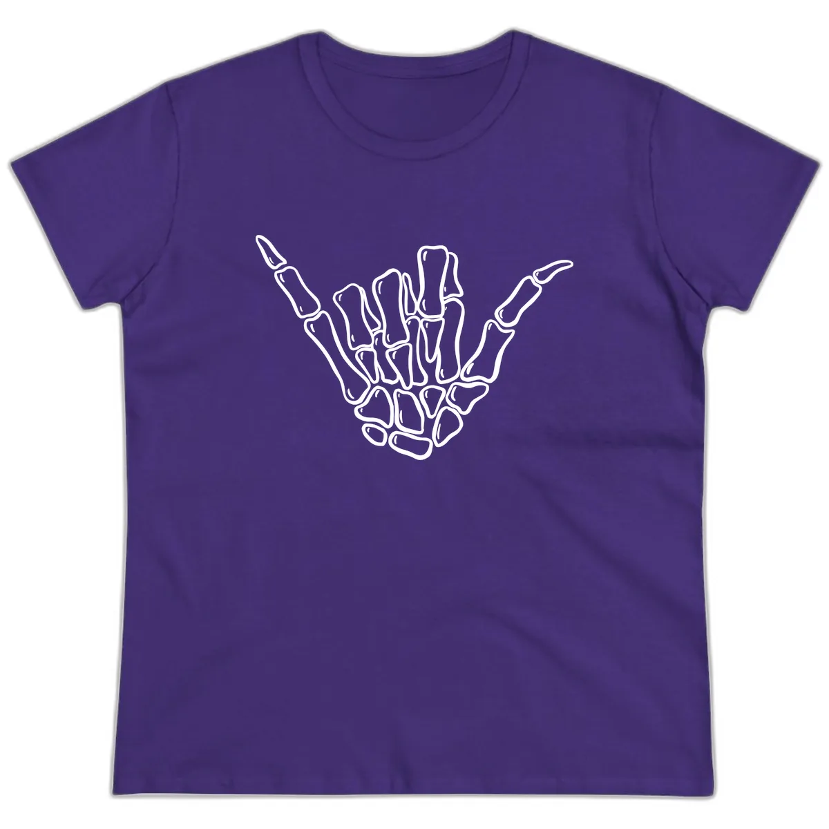 Skeleton Hang Loose Hand Gesture Ladies Tee in Purple