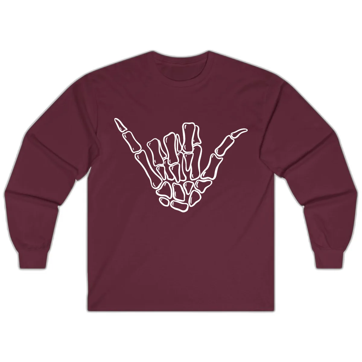 Skeleton Hang Loose Hand Gesture Long Sleeve in Maroon