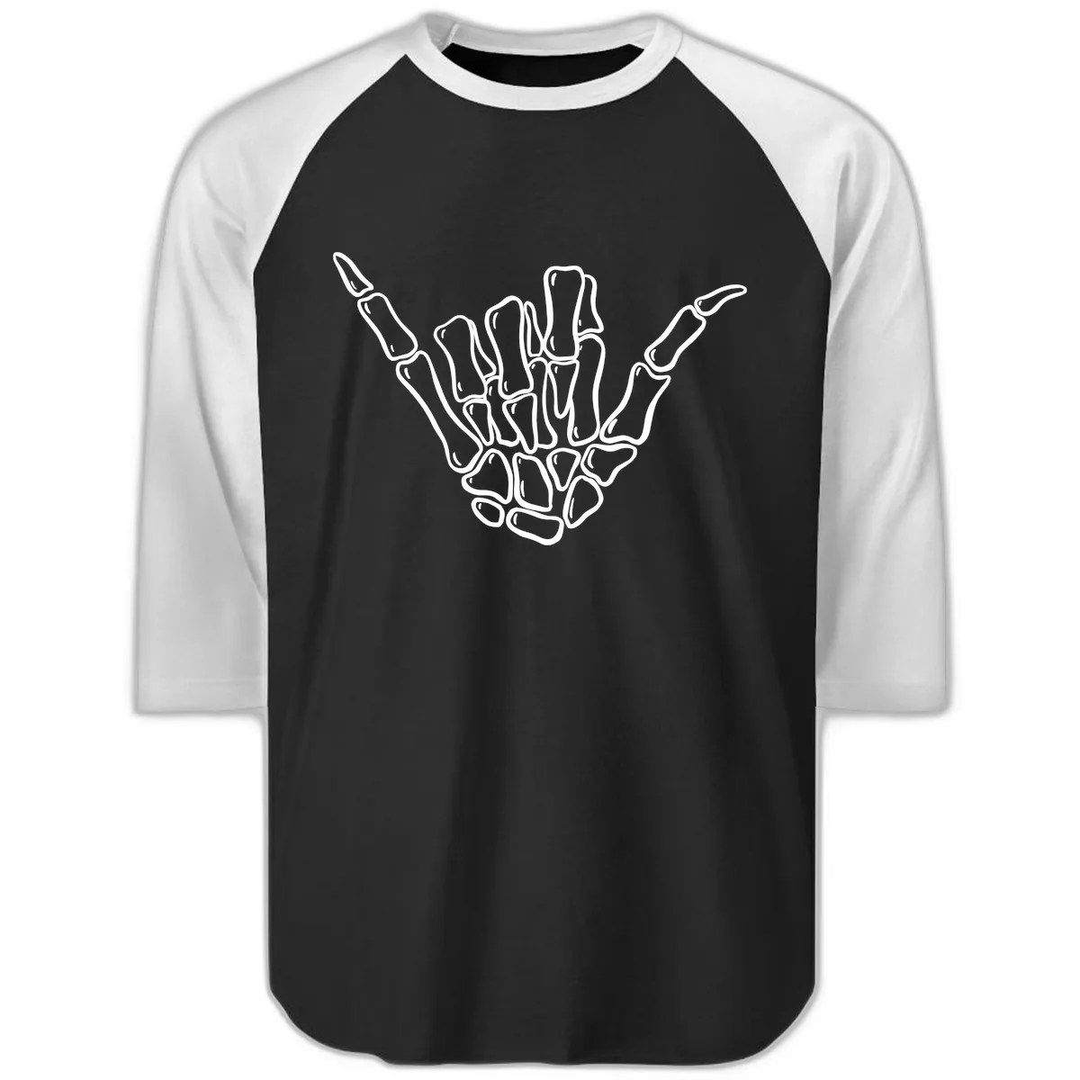 Skeleton Hang Loose Hand Gesture Raglan 3/4 in Black White