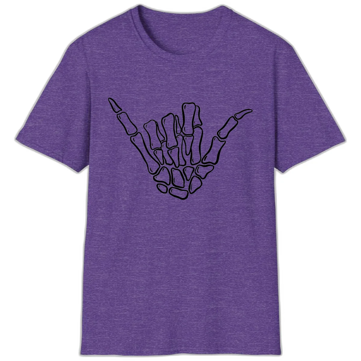 Skeleton Hang Loose Hand Gesture T-Shirt in Heather Purple