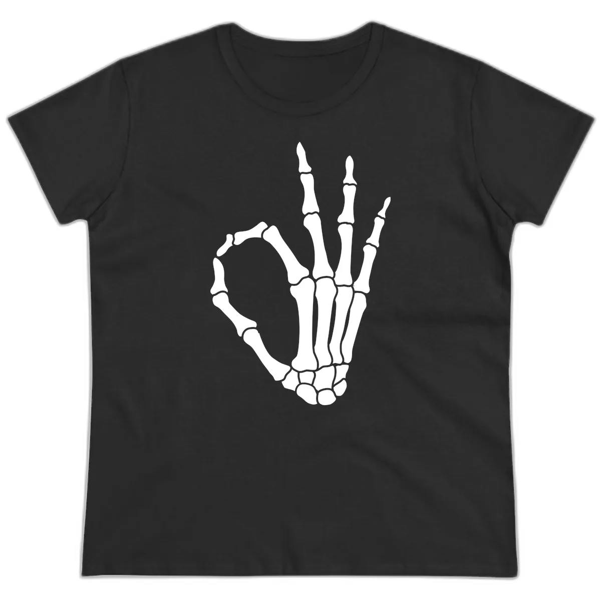 Skeletal Okay Hand Gesture Ladies Tee in Black