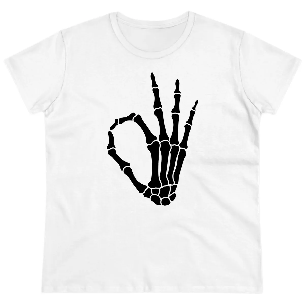 Skeletal Okay Hand Gesture Ladies Tee in White