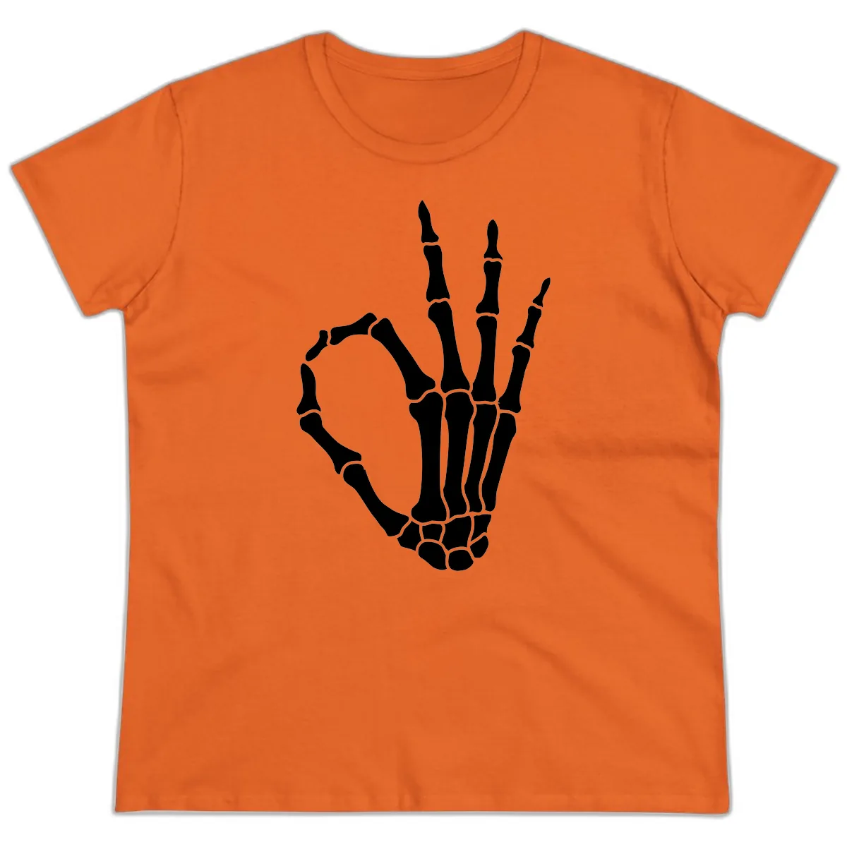 Skeletal Okay Hand Gesture Ladies Tee in Orange