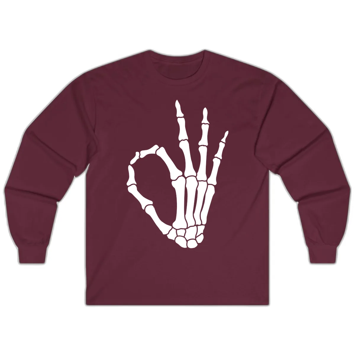 Skeletal Okay Hand Gesture Long Sleeve in Maroon
