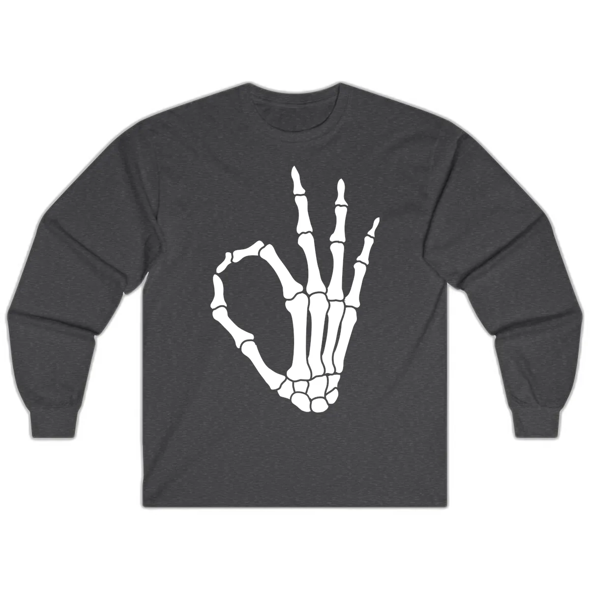 Skeletal Okay Hand Gesture Long Sleeve in Dark Heather
