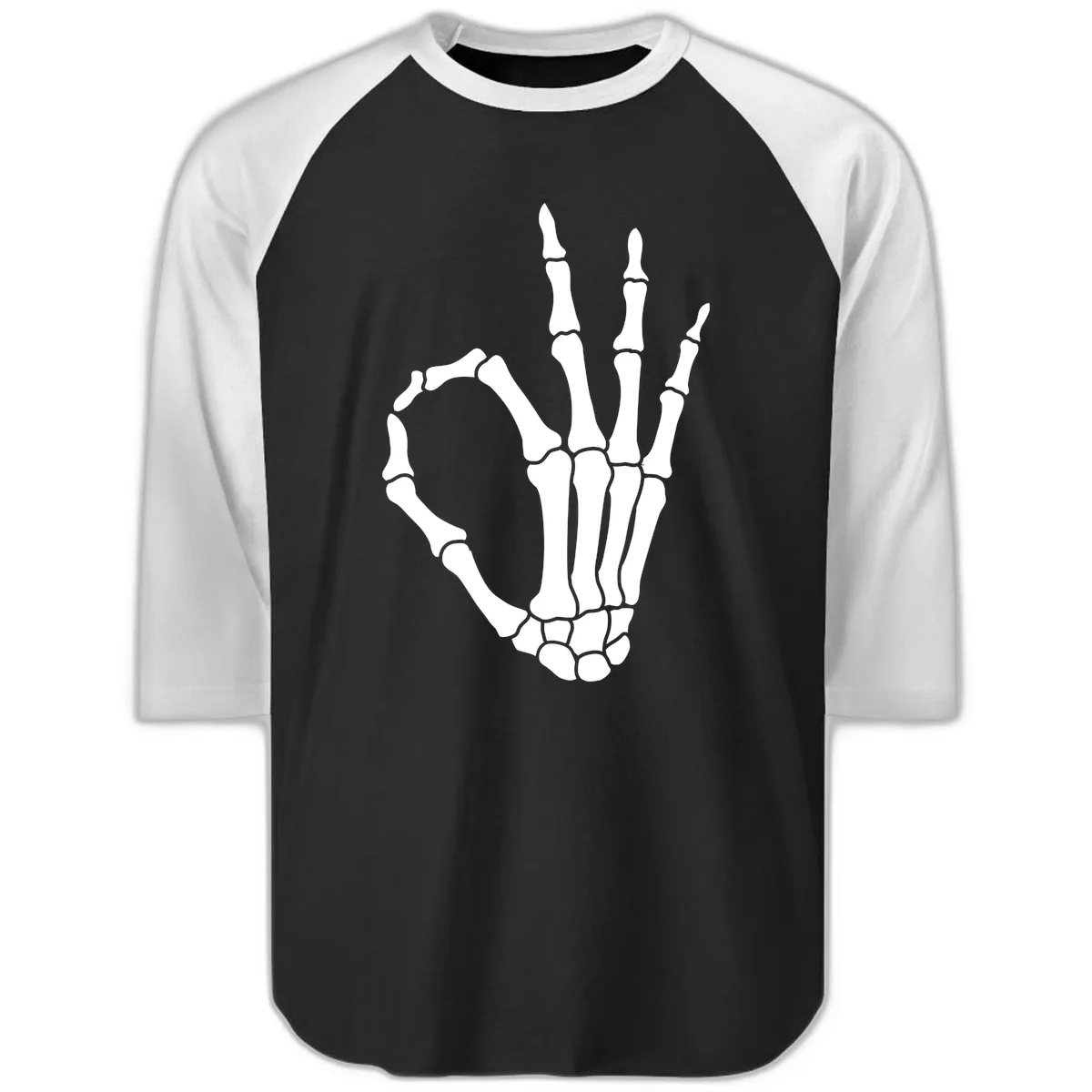 Skeletal Okay Hand Gesture Raglan 3/4 in Black White