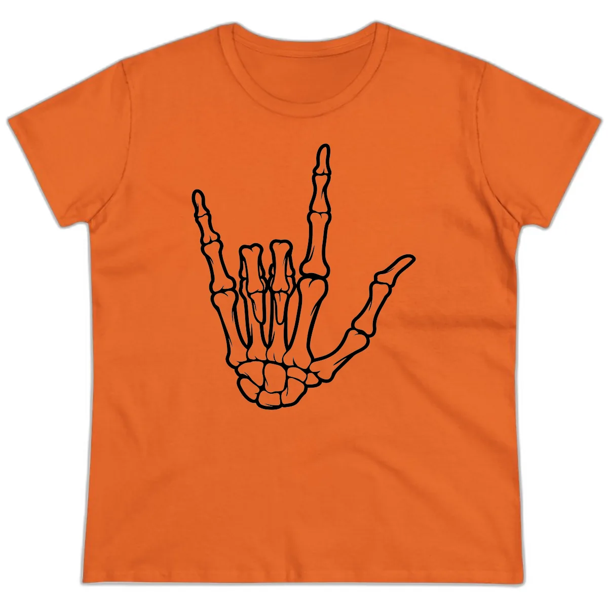 Skeletal Hand I Love You Sign Gesture Ladies Tee in Orange