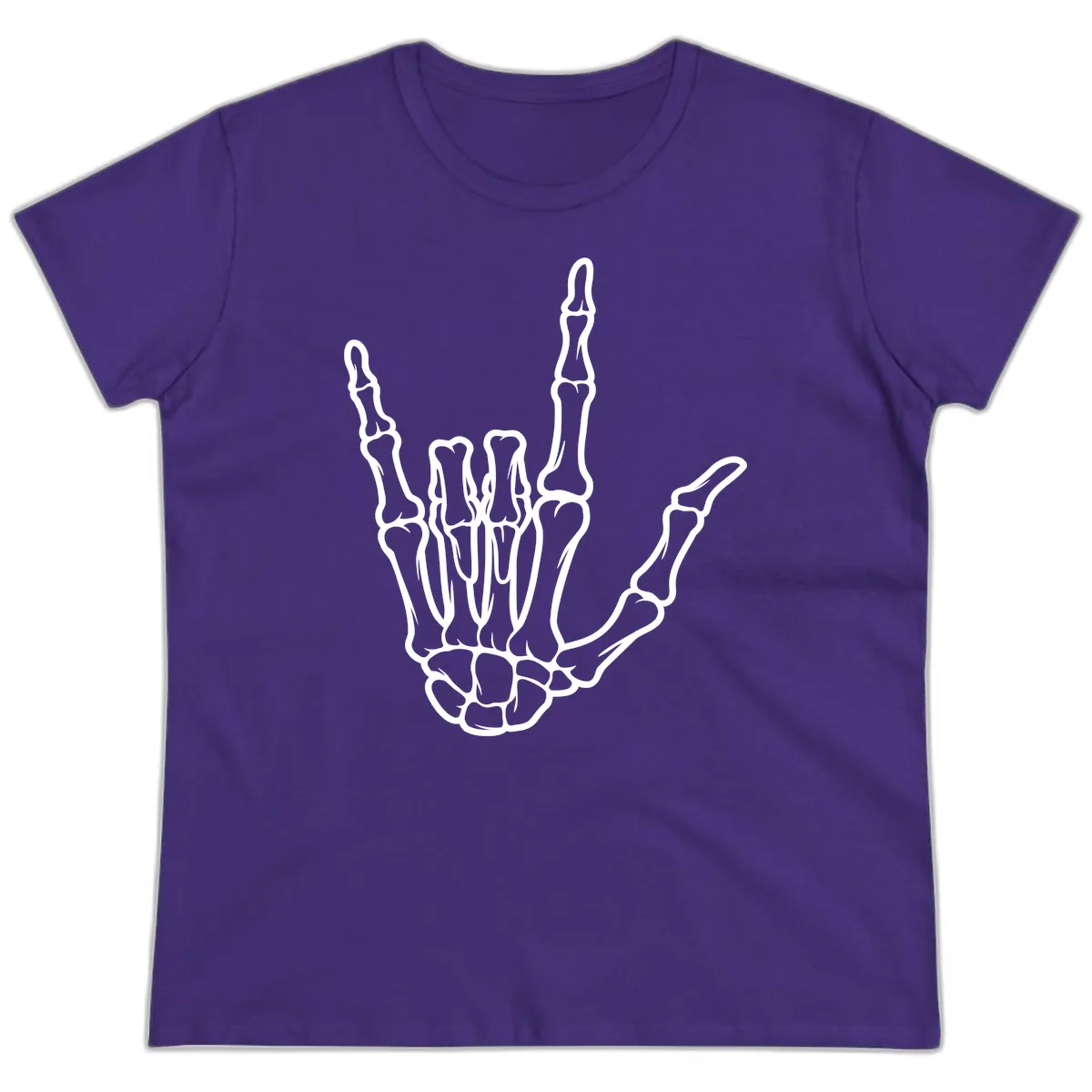 Skeletal Hand I Love You Sign Gesture Ladies Tee in Purple