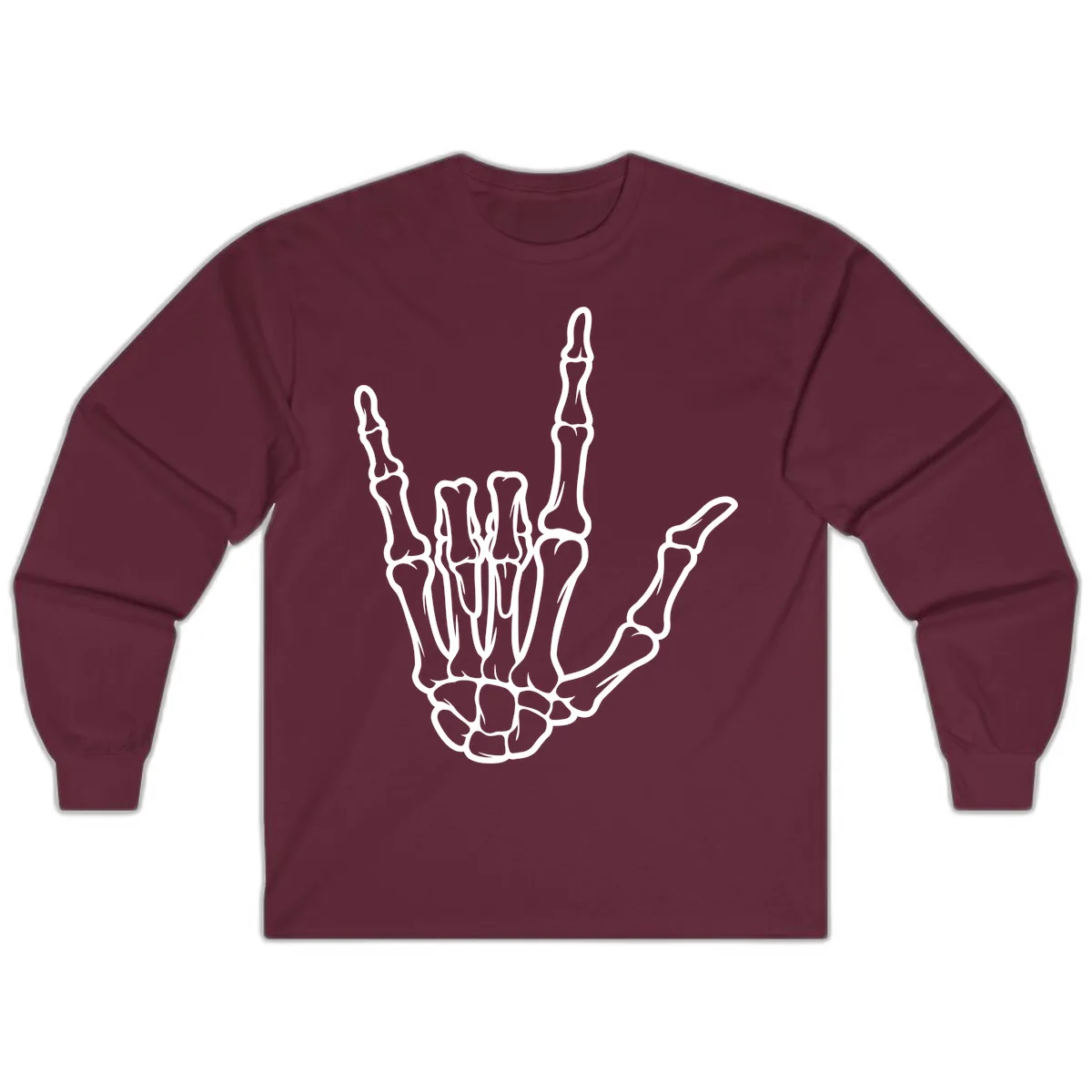Skeletal Hand I Love You Sign Gesture Long Sleeve in Maroon