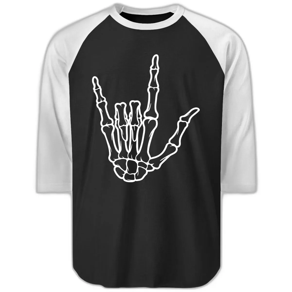 Skeletal Hand I Love You Sign Gesture Raglan 3/4 in Black White