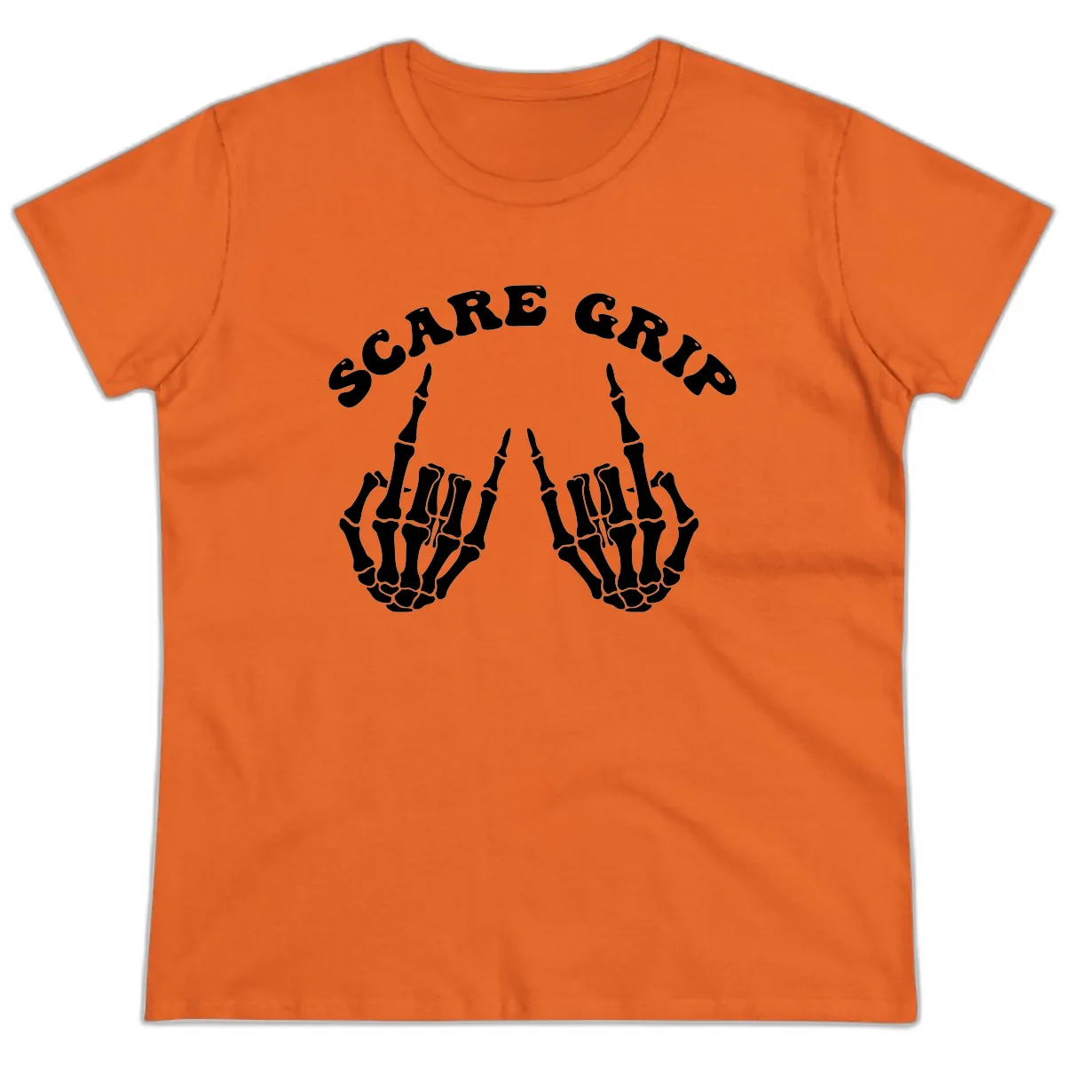 Scare Grip Skeleton Hands Gesture Ladies Tee in Orange