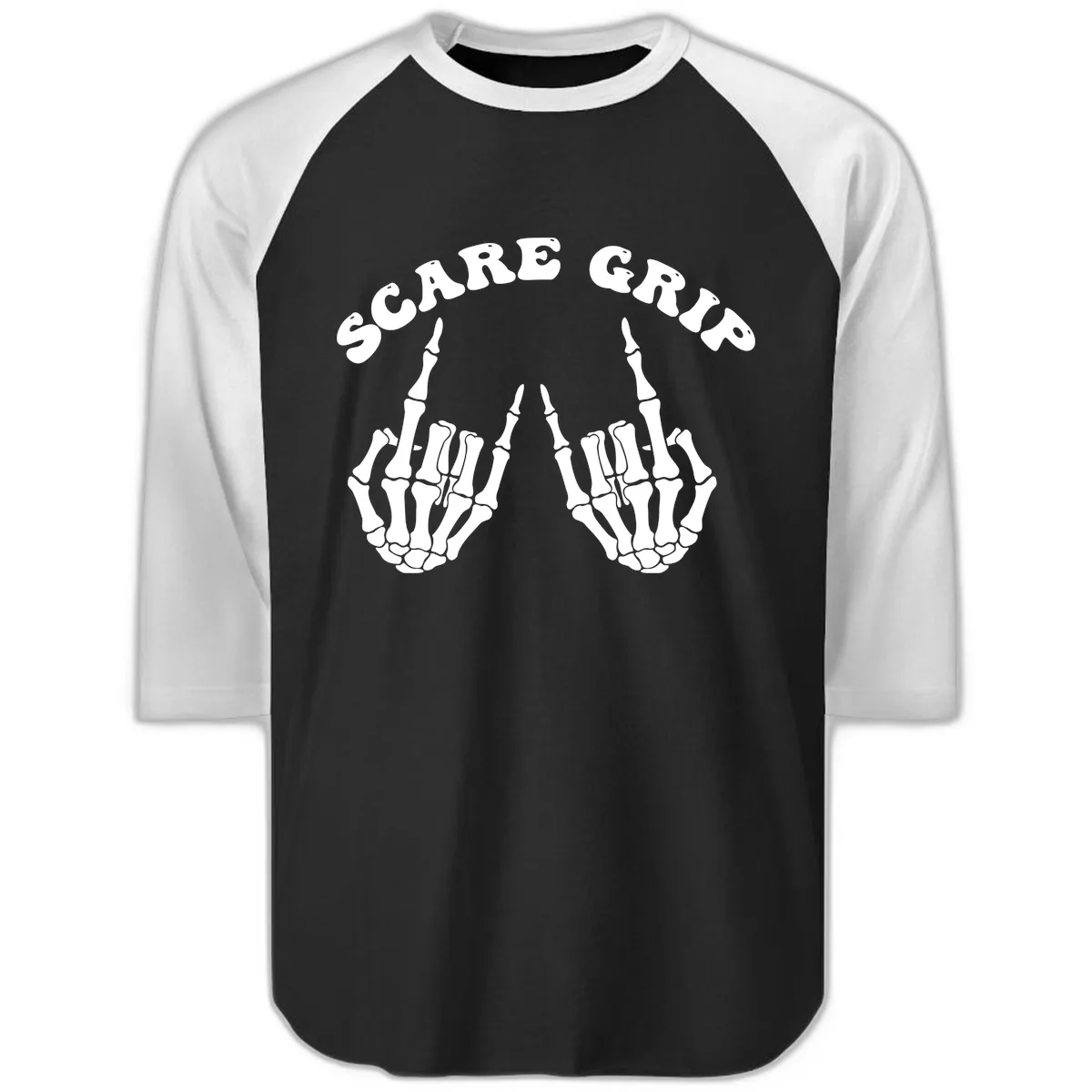 Scare Grip Skeleton Hands Gesture Raglan 3/4 in Black White