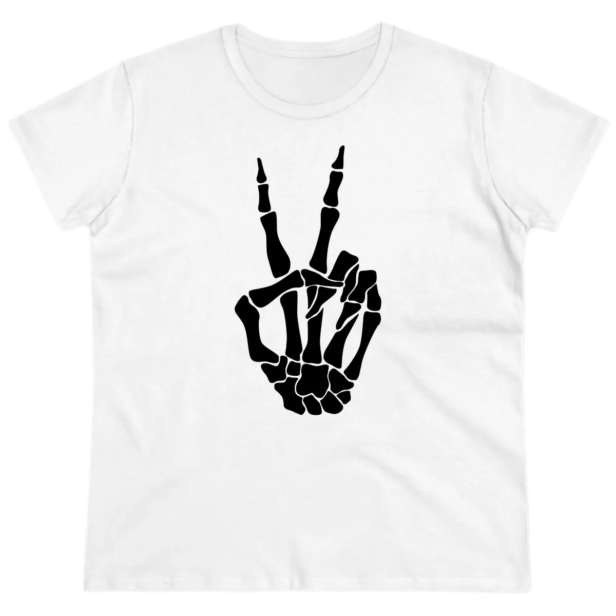 Gothic Skeletal Hand Peace Gesture Ladies Tee in White