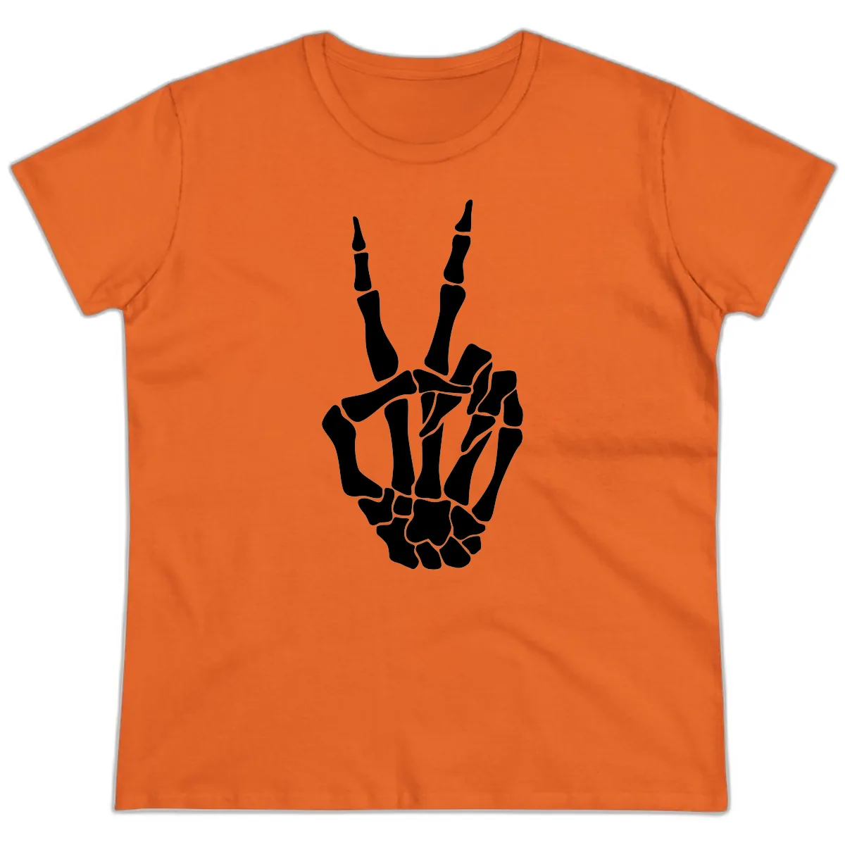 Gothic Skeletal Hand Peace Gesture Ladies Tee in Orange