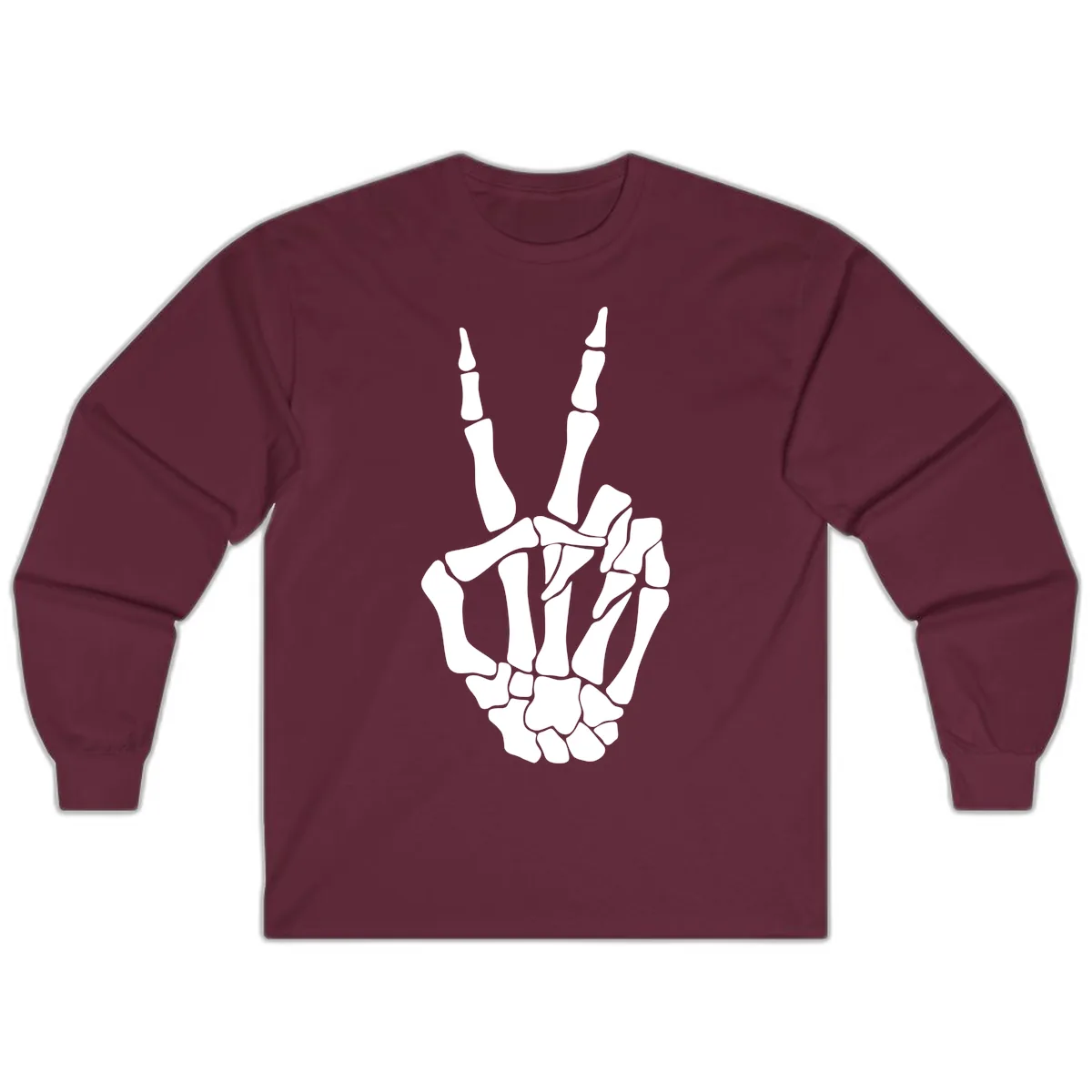 Gothic Skeletal Hand Peace Gesture Long Sleeve in Maroon