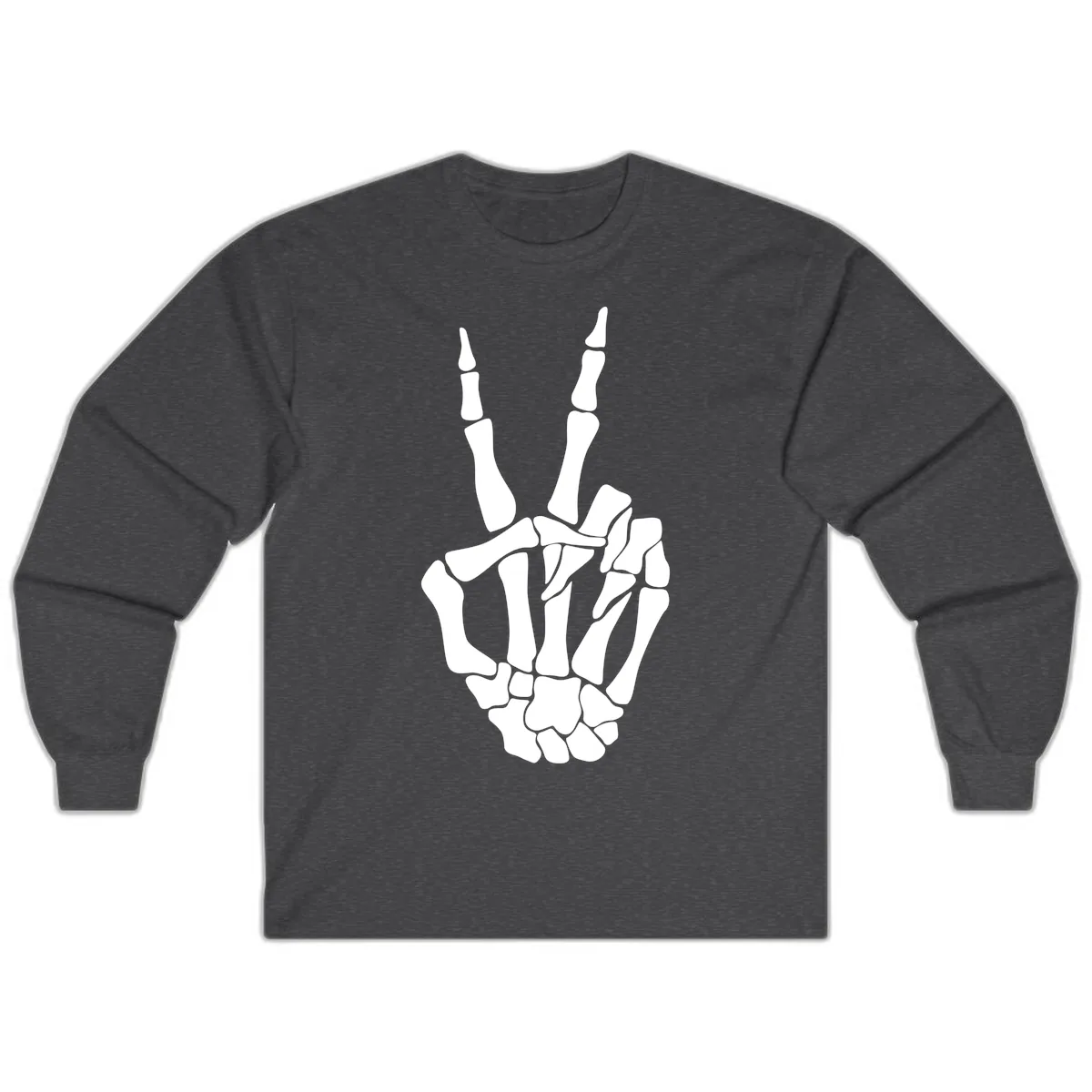 Gothic Skeletal Hand Peace Gesture Long Sleeve in Dark Heather