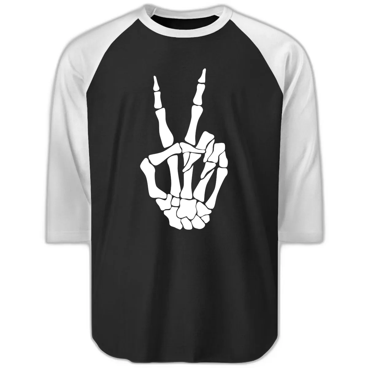 Gothic Skeletal Hand Peace Gesture Raglan 3/4 in Black White