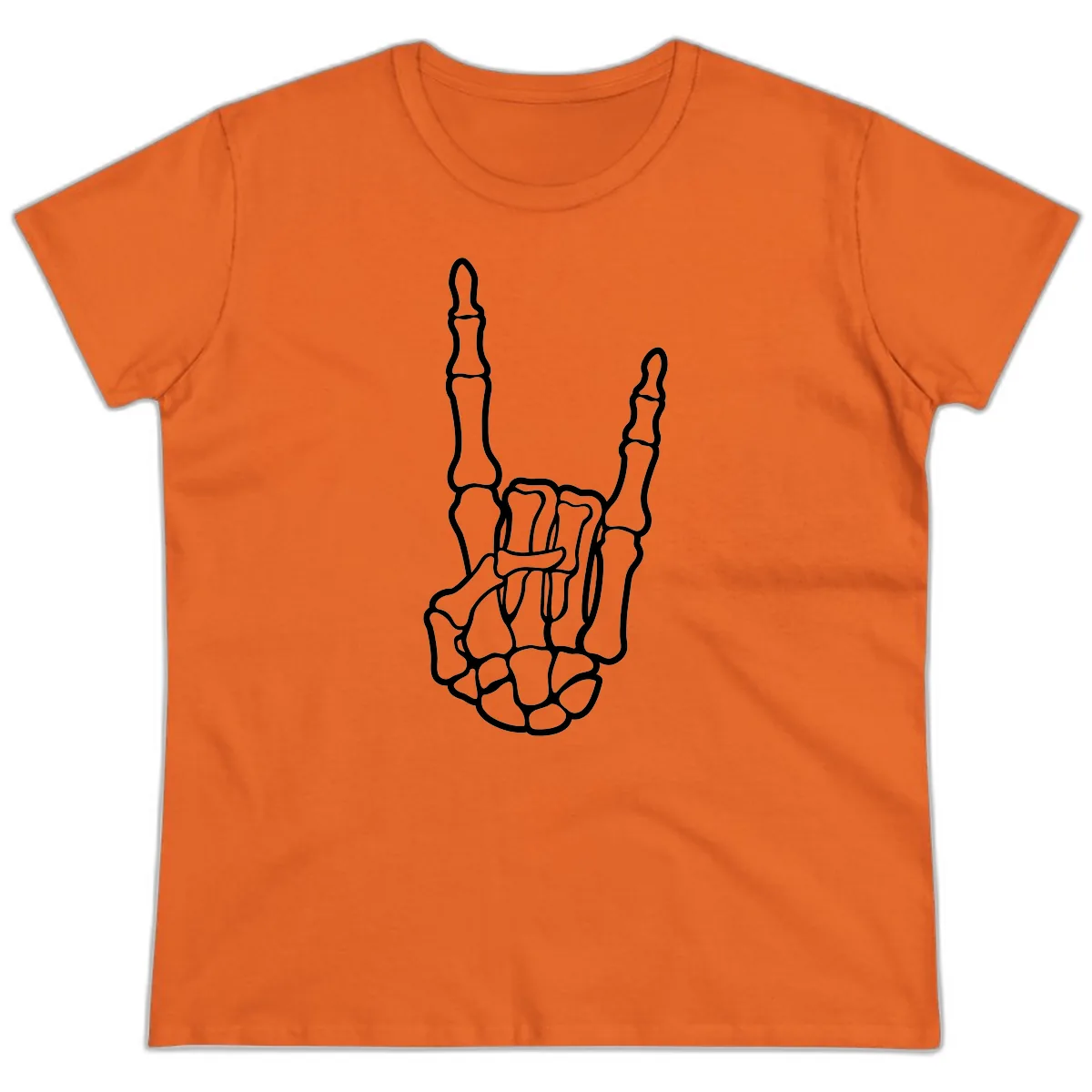 Skeletal Rock and Roll Hand Gesture Ladies Tee in Orange